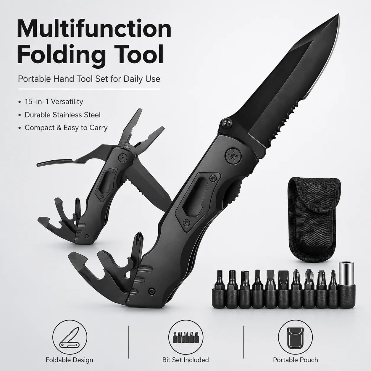Title: Multifunction Folding Tool Set with Screwdriver Bits and Carry Pouch, Portable Outdoor Hand Tool for Camping Hiking Travel Home Repair and Daily Use  Short Title: Multifunction Folding Tool Set with Bit Set and Carry Pouch for Camping Home Repair a