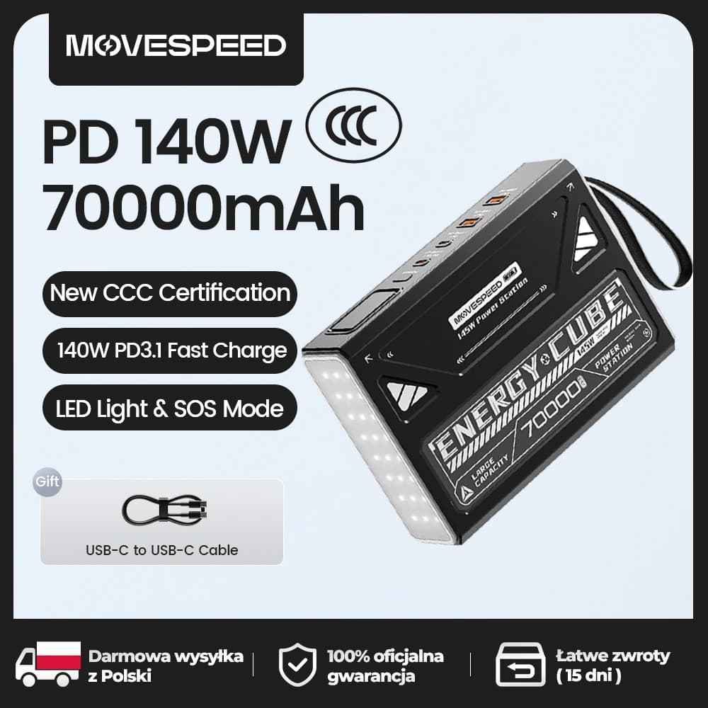 【CCC】MOVESPEED Z70PROMAX 70000mAh Power Bank 140W PD3.1 Fast Charge Power Station with LED Flashlight Outdoor High Capacity Power Supply for PC Laptop Camping