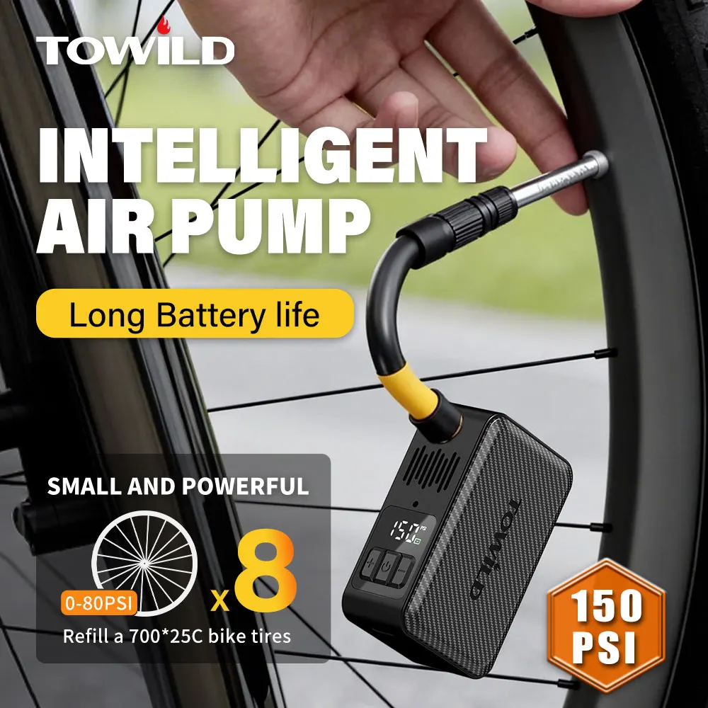 TOWILD A15 Intelligent Bike Air Pump 150PSI High Pressure Mini Portable Electric Pump For AV/FV Tire Inflator Bike Accessories