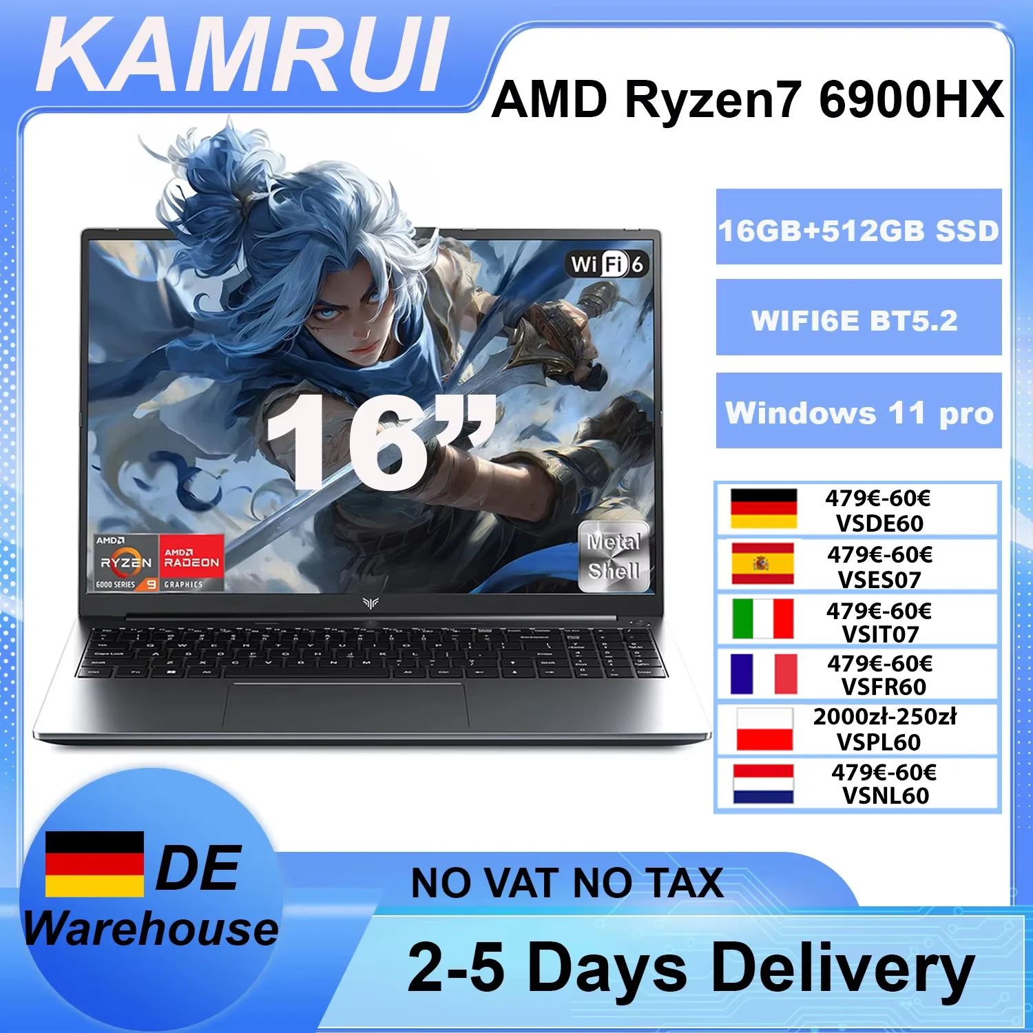 KAMRUI Gaming Laptop 16inch AMD Ryzen9 6900HX 16GB LPDDR5 512GB M.2 NVMe PCIe3.0 SSD Radeon 680M Win11PRO WiFi6 Backlit Keyboard