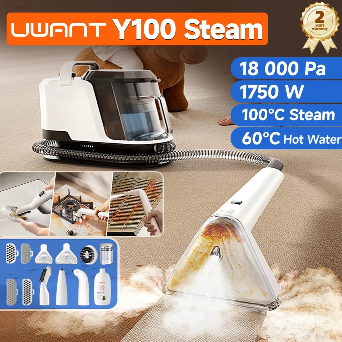 Uwant Y100 Steam Carpet Cleaner 100°C Steam 18KPa 1750W Spray Brush Suction Self-Cleaning Multiple Nozzles for Sofa Car Shoe Pet