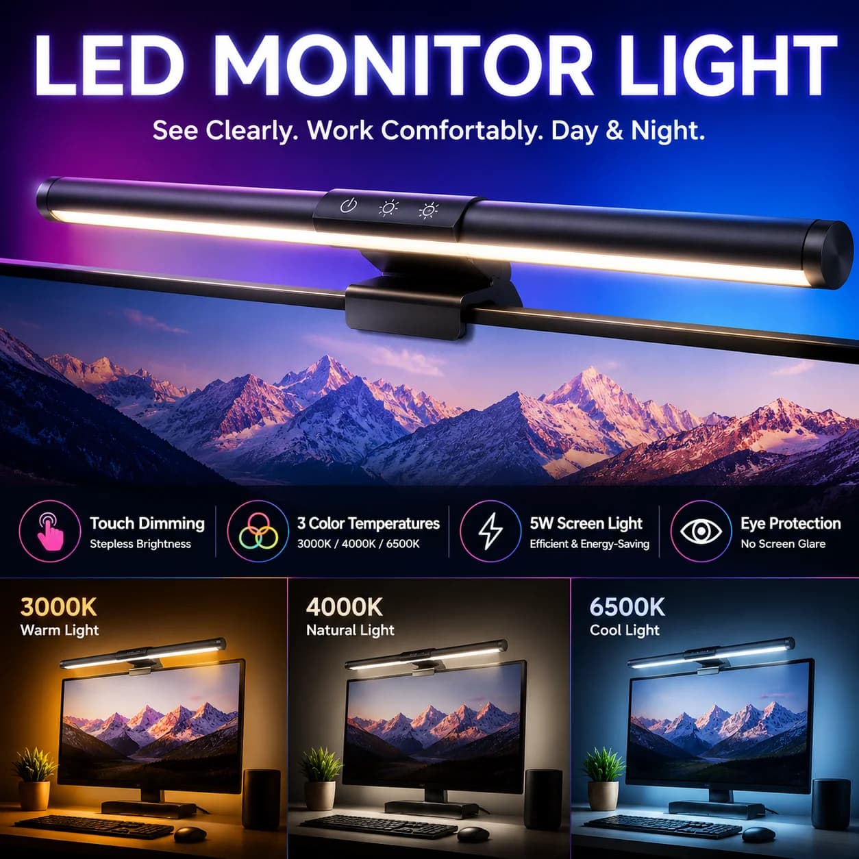 LED Monitor Light Bar RGB/3 Colors Dimmable Desk Lamp Monitor Light Bar Computer Screen Hanging Light Touch Table Lamp Decor