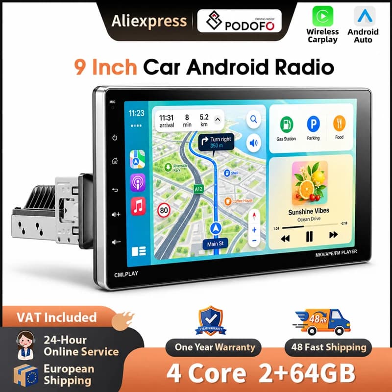 Podofo 9'' Wireless Carplay Android Auto Radio For Universal Car Intelligent Systems GPS Navigation BT FM/RDS 1din Autoradio Plug&Play Head Unit SWC Car Multimedia Stereo Wifi Multimedia Stereo EQ Mirrorlink USB