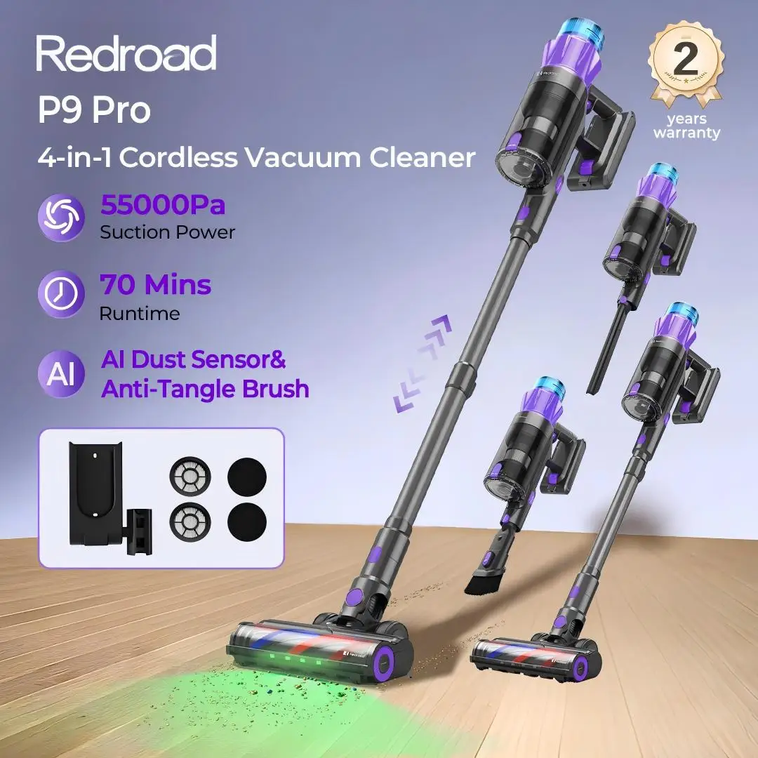 Redroad P9 Pro 550W Cordless Vacuum Cleaner 55KPA Strong Suction for Pet Hair and Carpet 70Mins Runtime Household cleaning