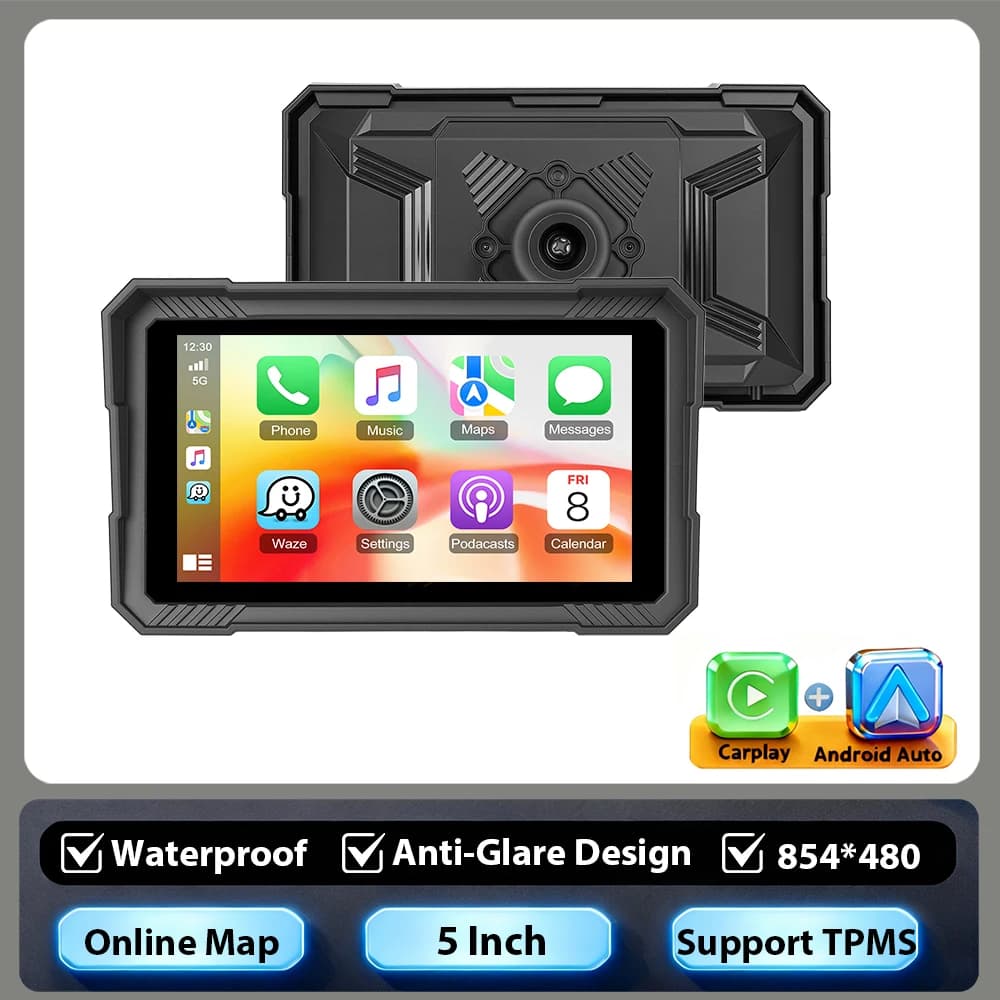  Podofo 5"/7" Screen Wireless Carplay Motorcycle GPS Navigation Smart Player Supports Android Auto tyre pressure monitoring IP67 Waterproof Recorder