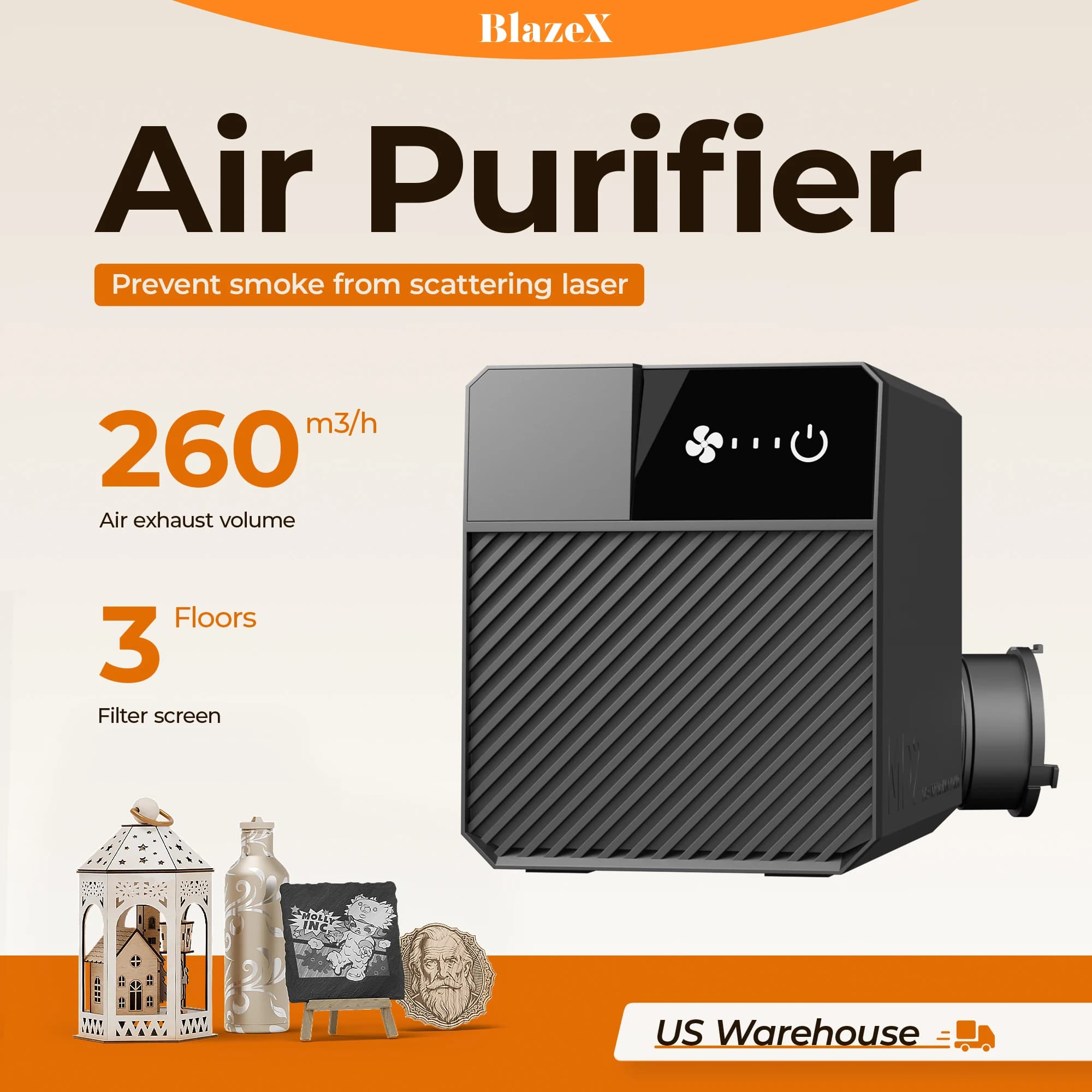BlazeX Air Purifier for M3 Laser Engraver, 3-Stage Filtration Fume Extractor with HEPA & Active Carbon Filter, High-Efficiency Dust & Odor Removal for Indoor Laser Cutting and Engraving