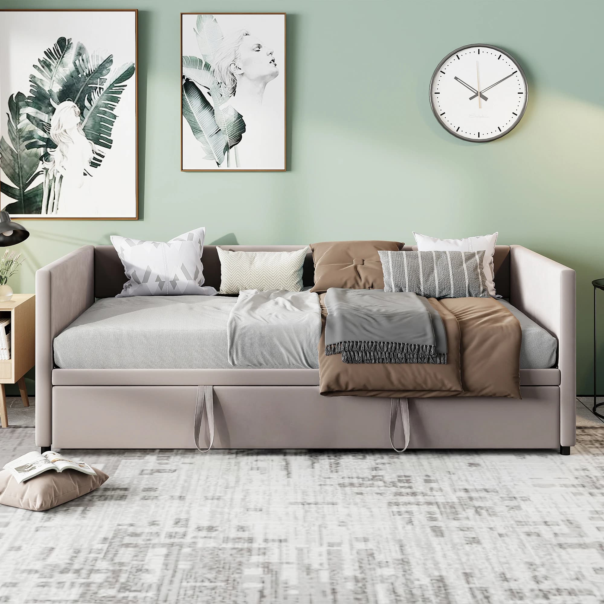 Rosahqnda Pull Out Sofa Bed 90/180x200 cm With Hidden Bed, Convertible Double Sofa Bed For Living Room, Space Saving Sleeper Sofa, Velvet Fabric, Grey/Beige