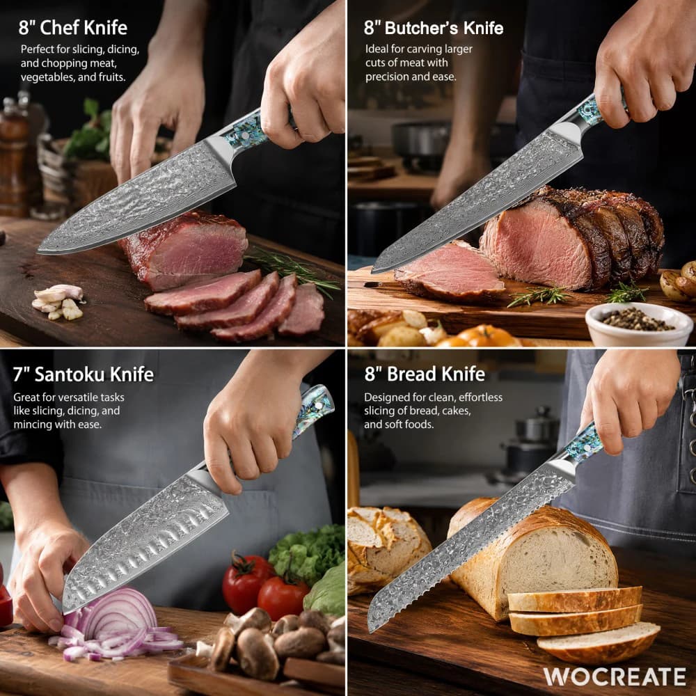 Professional Kitchen Knife 4pcs Set, Damascus VG10 Stainless Steel 8-inch Chef's Knife + 7-inch Santoku Knife + 8-inch Butcher's Knife + 8-inch Bread Knife, Abalone Shell Non-slip Handle, Sharp Meat Cleaver Slicing Knife