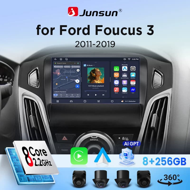 Junsun Wireless CarPlay Android Auto Car Radio For Ford Focus 3 2011 2012 2013 2014 2015 2016 2017 2018 2019 Built-in Cooling Fan Android 15 GPS Navigation Multimedia Player WiFi DSP RDS BT SWC IPS Touch Screen Autoradio Video Player Head Unit Stereo