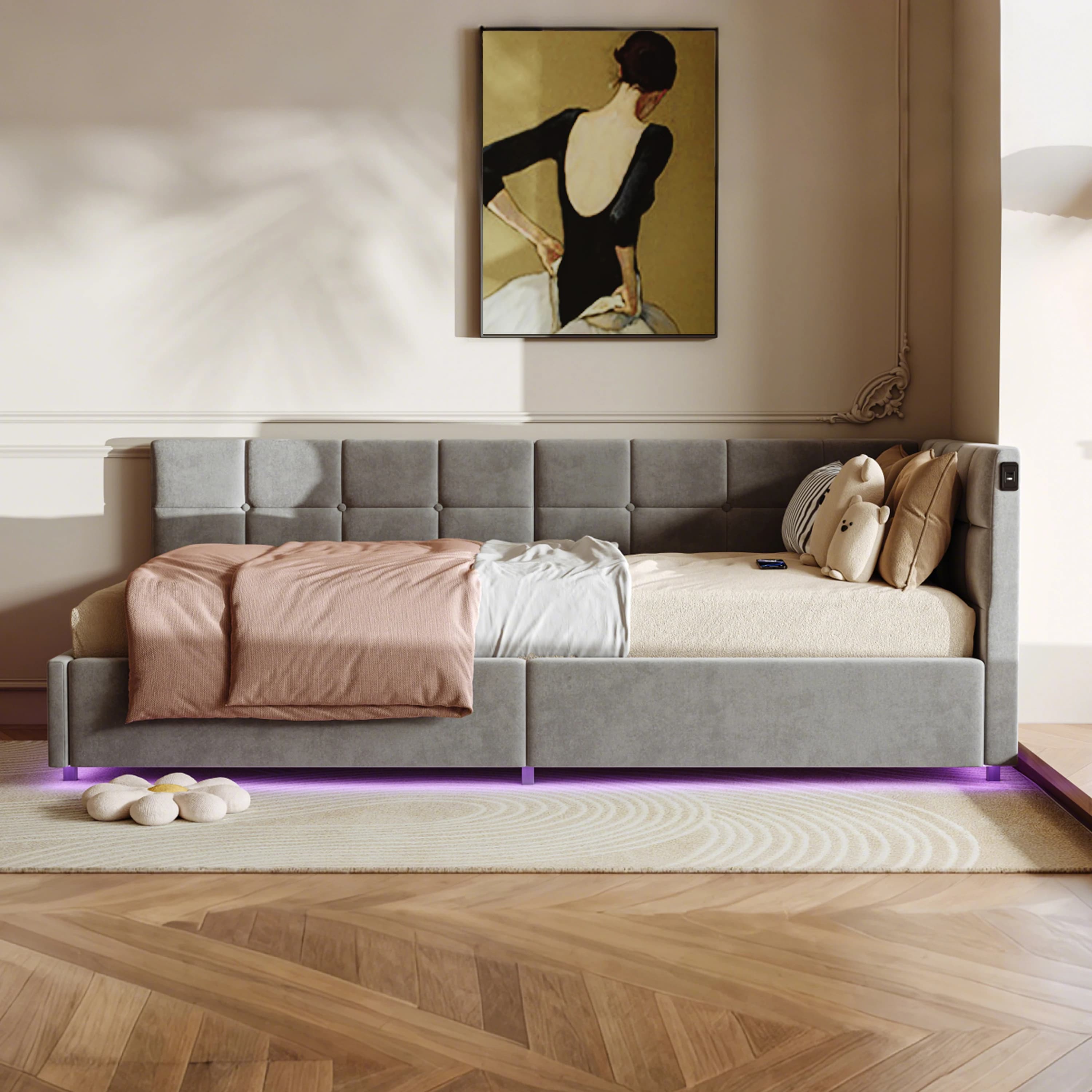 Rosahqnda L-shaped Sofa bed,Daybed 90X200cm,Single bed,Youth bed,hydraulic lifting storage,Charging port,velvet fabric