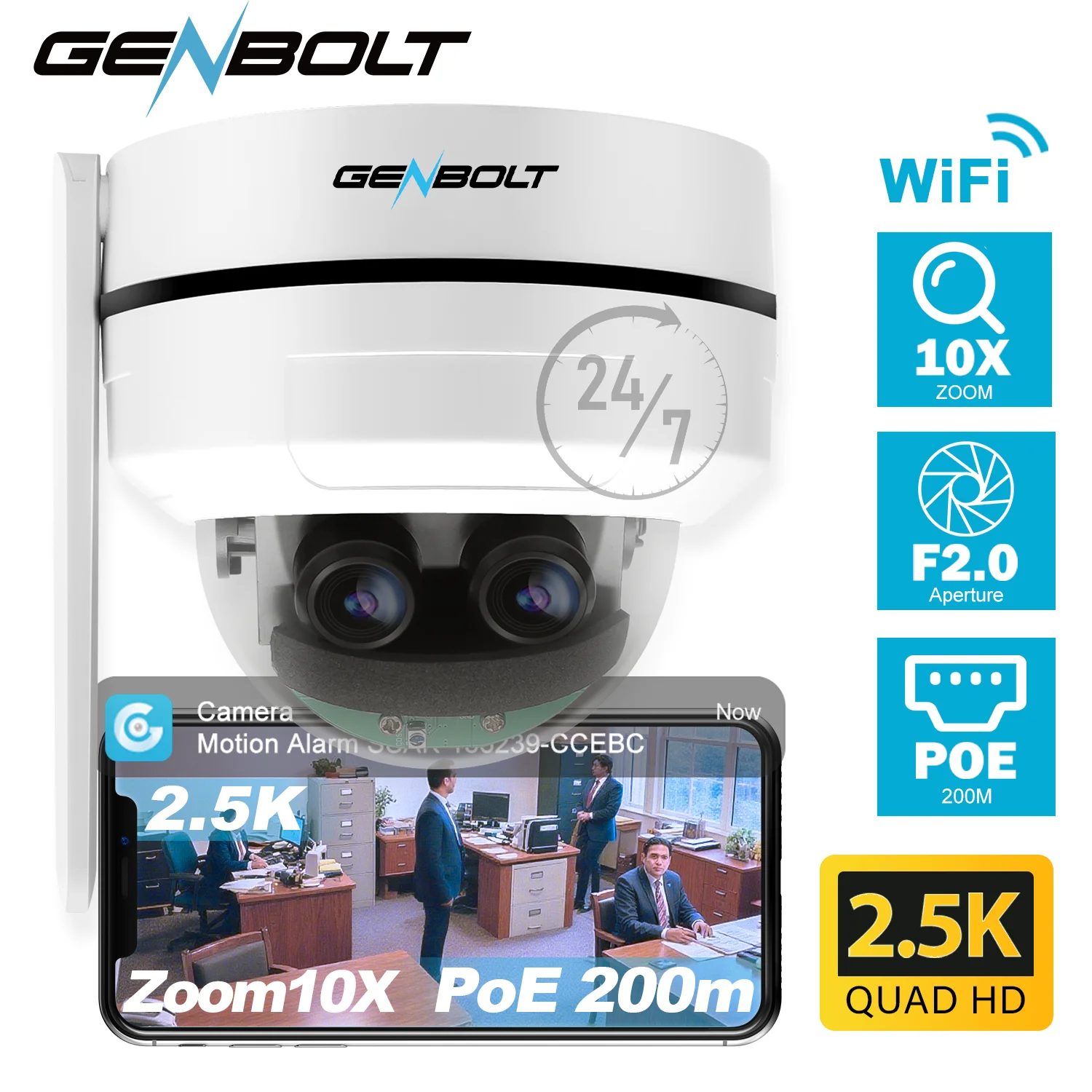 GENBOLT Outdoor Security Camera WiFi 2.5K PTZ 10X Zoom Dual Lens Auto Tracking IK10 IP66 Waterproof DC/PoE for Home Villa