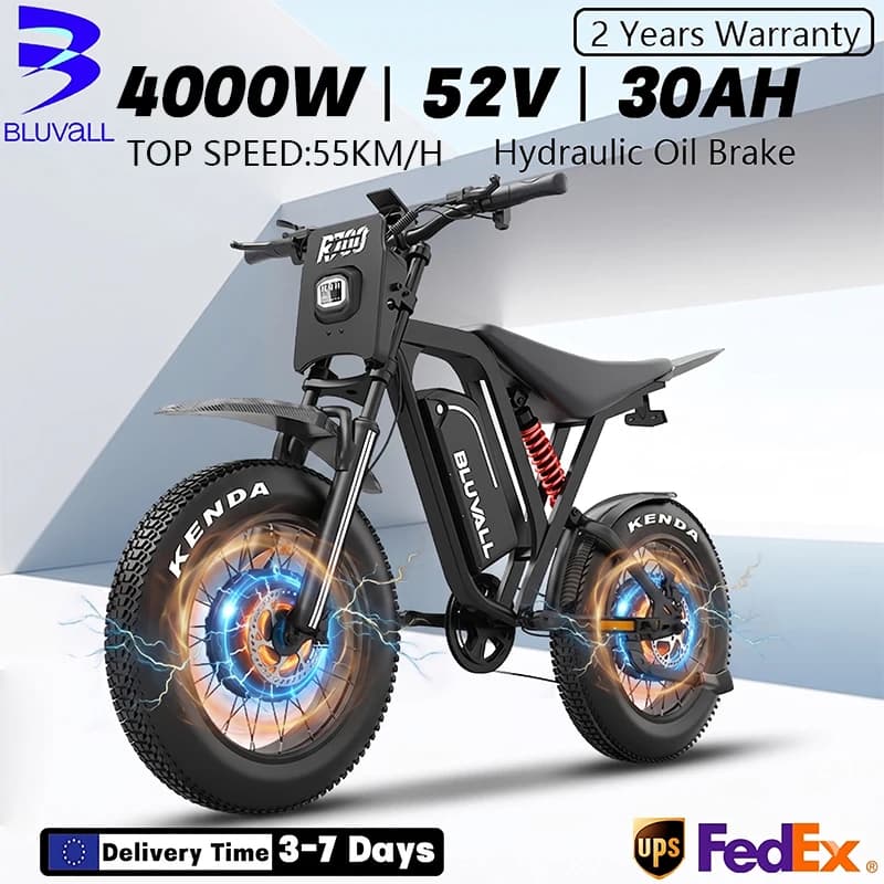 Bluvall R700 Ebike 4000W Dual Motor 52V 30Ah Removable Battery 20*4.0 Inch Fat Tire Retro Electric Bike Off-road Electric Motorcycle Mountain Snow Electric Bike Dual Suspension Electric Bicycle Adult Hydraulic Oil Brake E-Motorcycle