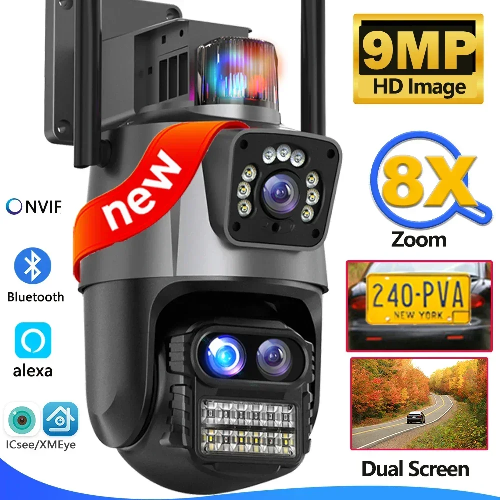 9MP WiFi Camera ICsee Reomte Smart Cameras Three Lens Dual Screen Outdoor 8X Zoom Security Camera 4K Video Surveillance PTZ ICsee Alexa NVR Security CCTV