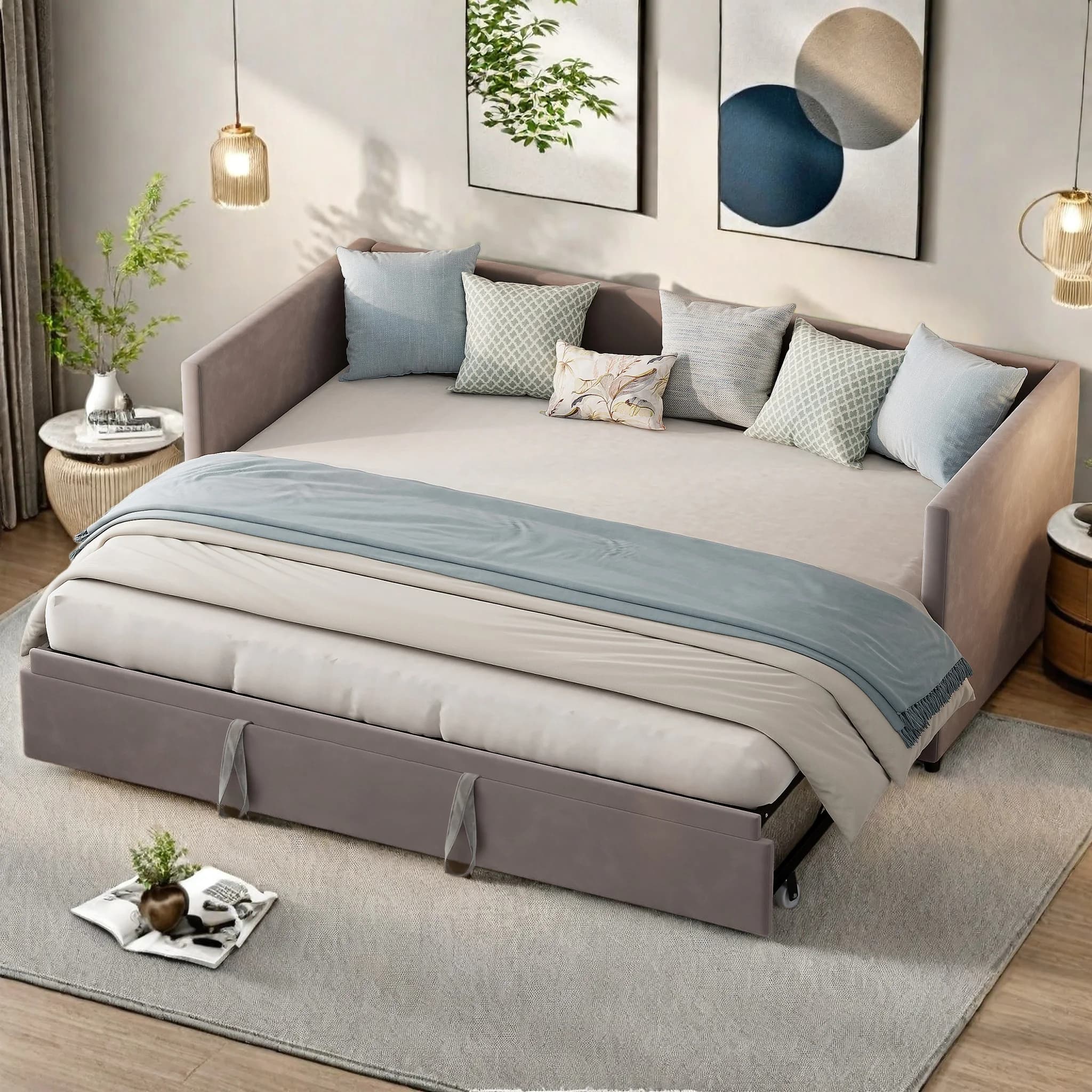 Comanlai Grey Extendable Day Bed, 90 to 180 x 200 cm, Sofa Upholstered Bed, Velvet Fabric, Extendable to Double Bed, Bed Frame for Adults 2 People, without Mattress