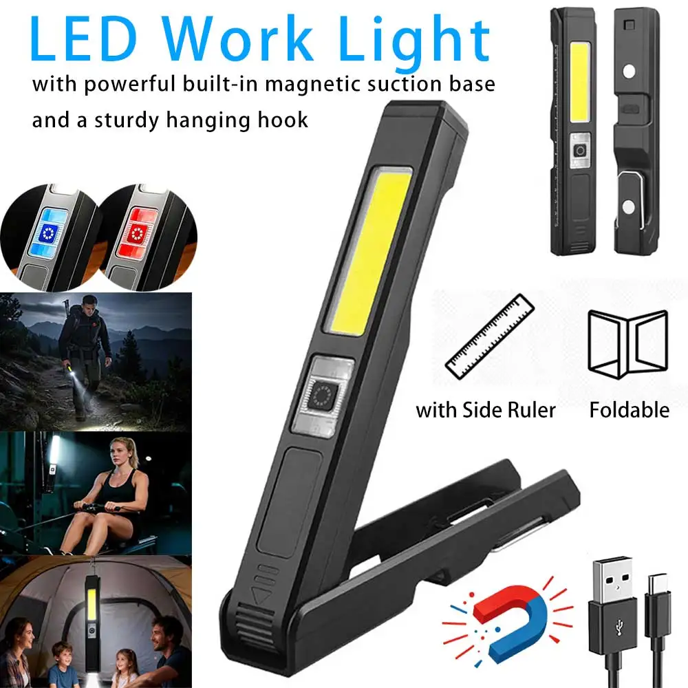 Super Bright Rechargeable LED Work Light, Mini Foldable Flashlight with Hooks & Magnetic Base, for Camping Workouts Repair Work