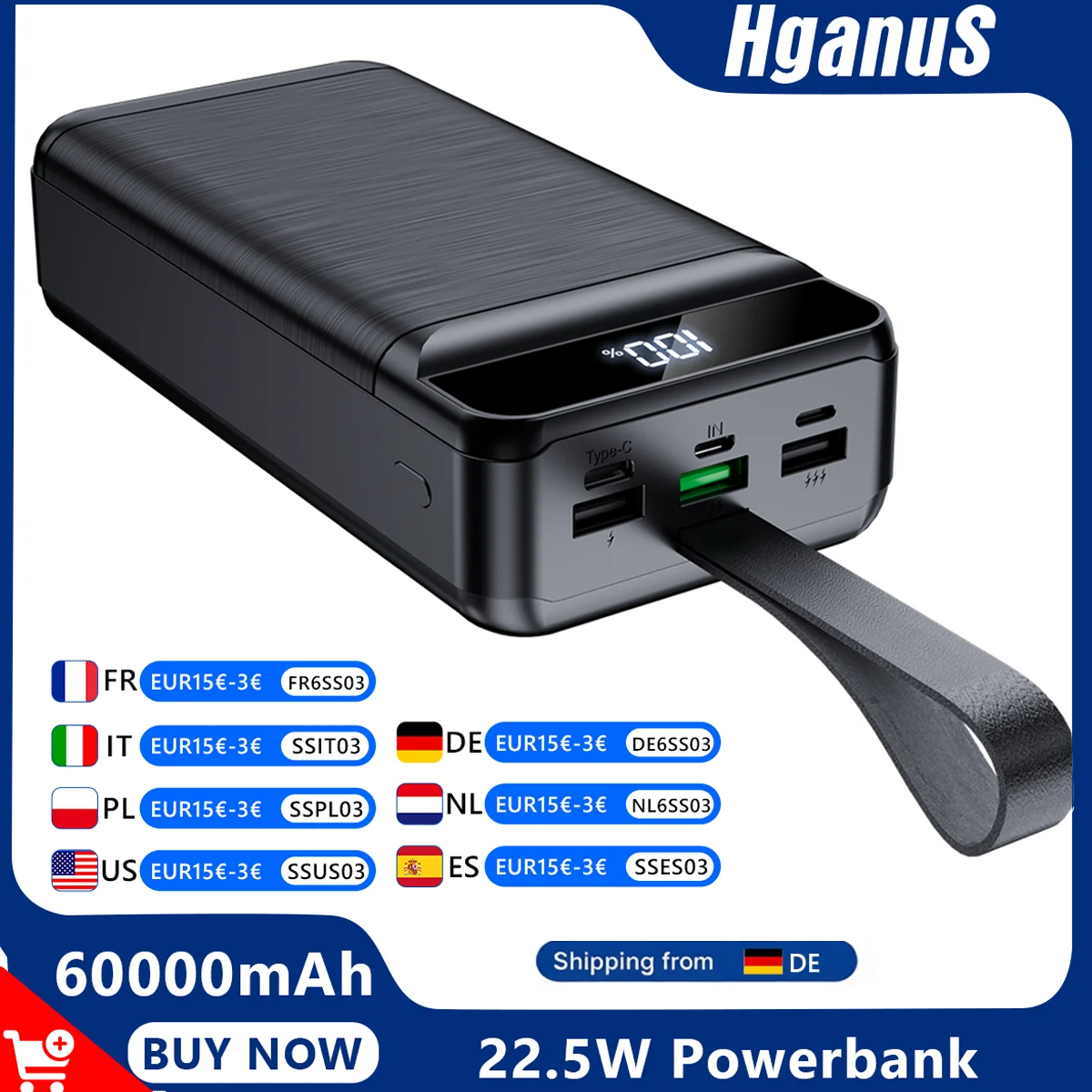 Hganus External Battery 22.5W 60000mAh Power Bank QC PD3.0 Fast Charging, Large Capacity, with Flashlight, for iPhone 17, Xiaomi, Samsung, Outdoor Use
