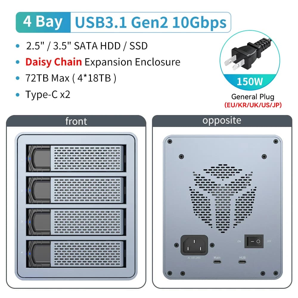 Yottamaster 5 Bay 4 Bay RAID External Hard Drive Enclosure 2.5"3.5" SATA HDD SSD Enclosure RAID Mode Hard Drive Storage For Game
