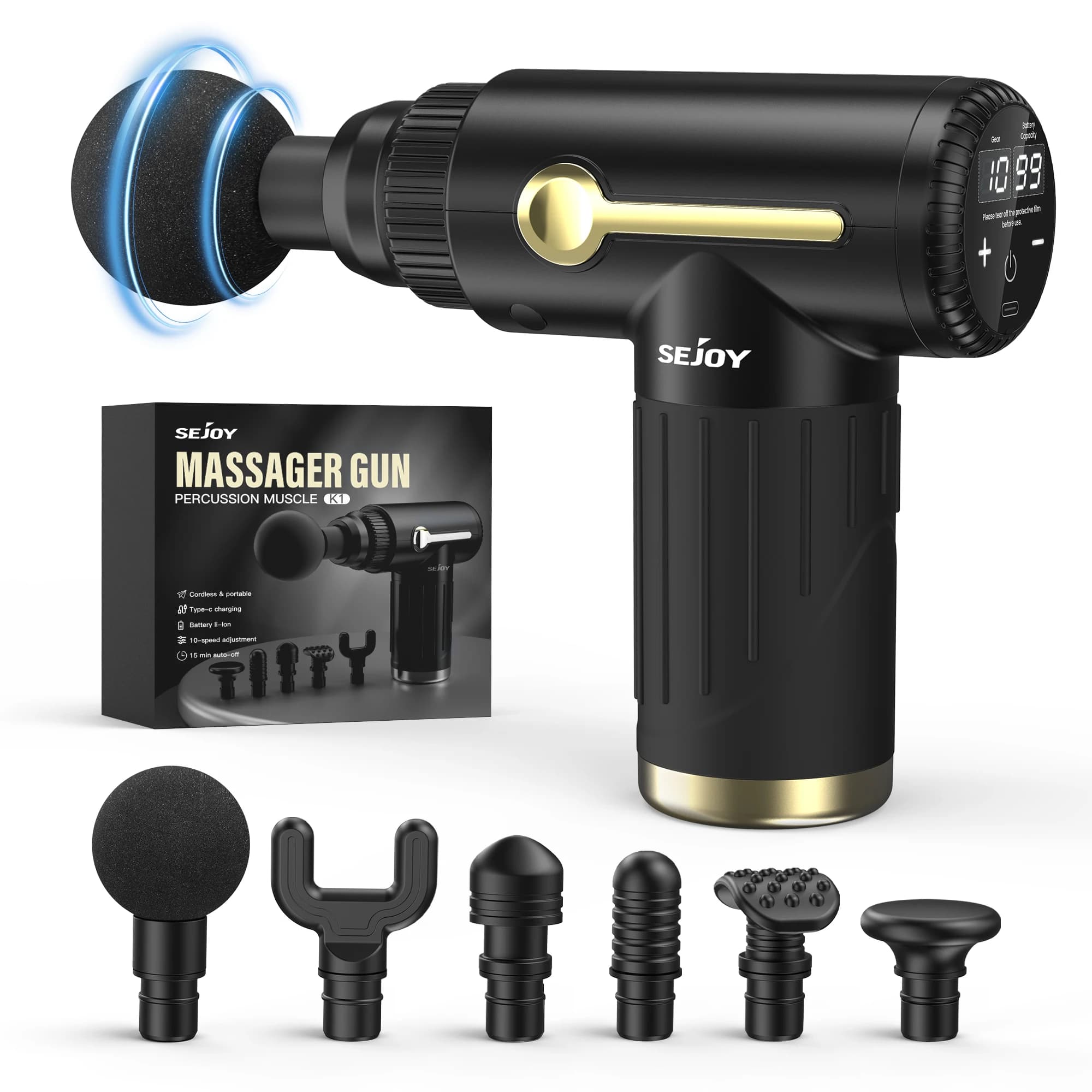 Sejoy Portable Fascia Gun Vibration Massage Gun 10 Speed,6 Heads For Body Neck Back Deep Muscle Relaxation Fitness