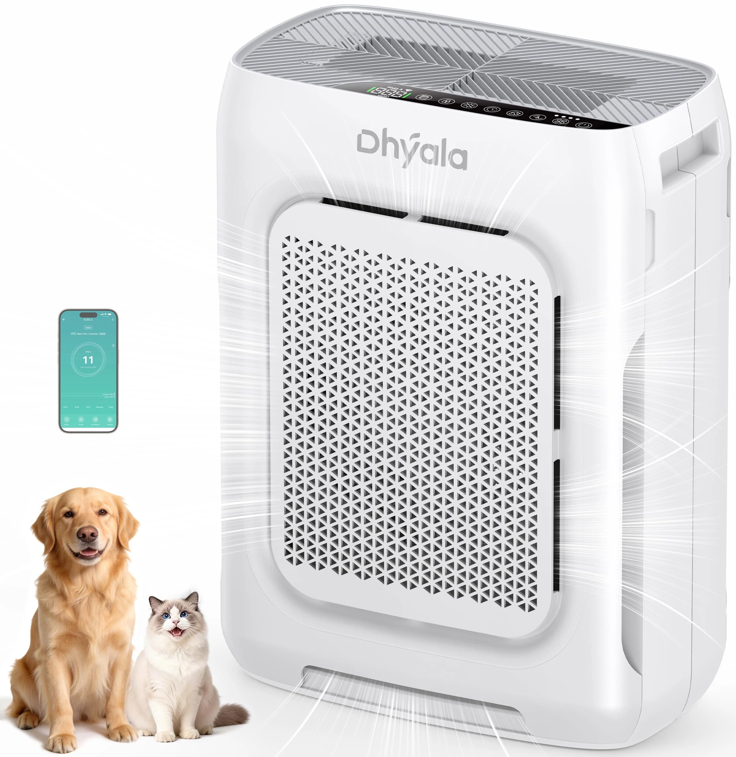 Dhyala Air Purifier for Home, Bedroom, Dust, Pets, Smoke etc., Up to 3000 sq ft, H13 HEPA Filter with Washable Pre-Filter, Air Quality Sensor, Aromatherapy, Child Lock