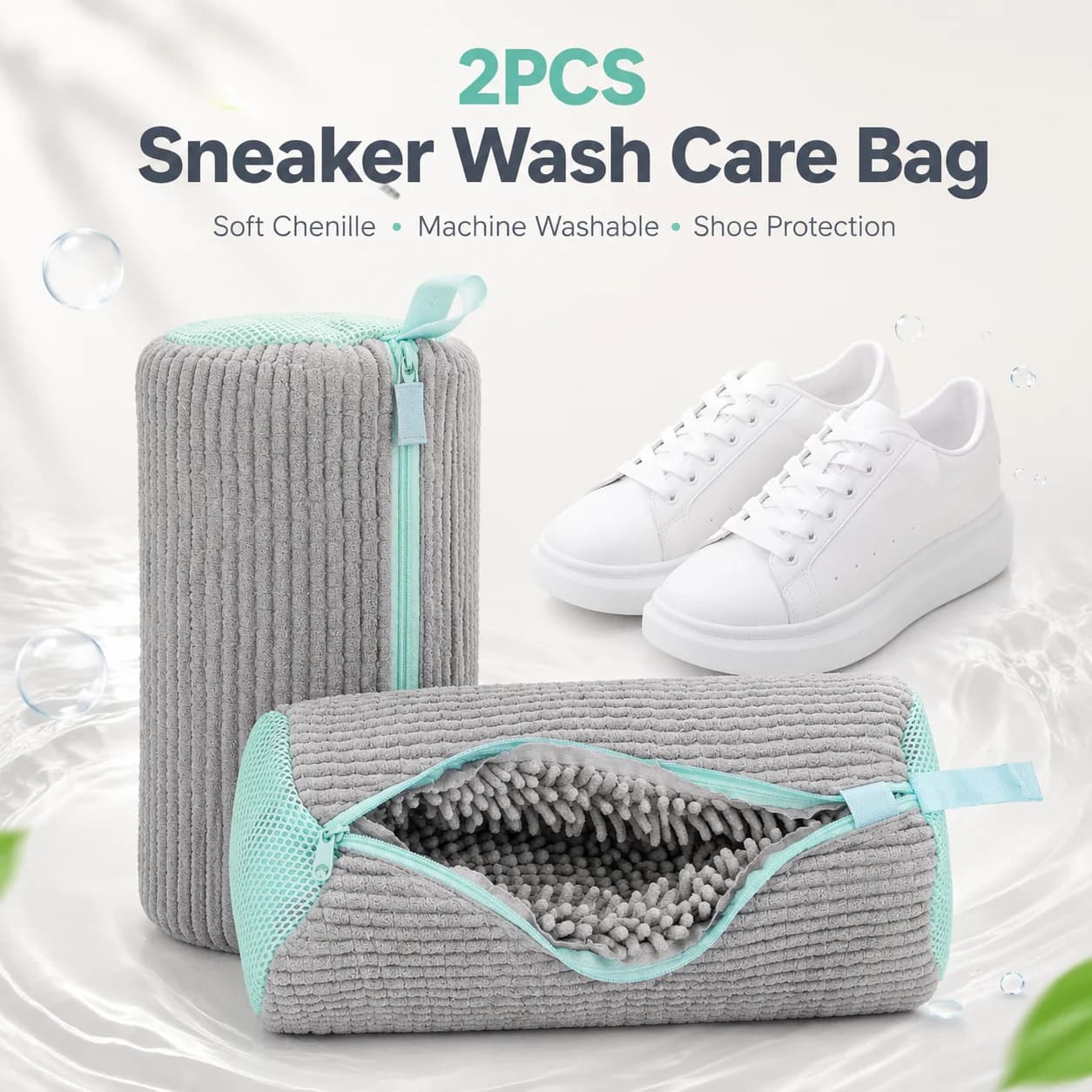 2PCS Sneaker Wash Care Bag For Shoes, Soft Chenille Fabric, Machine Washable, Protects Shoes From Damage And Deformation
