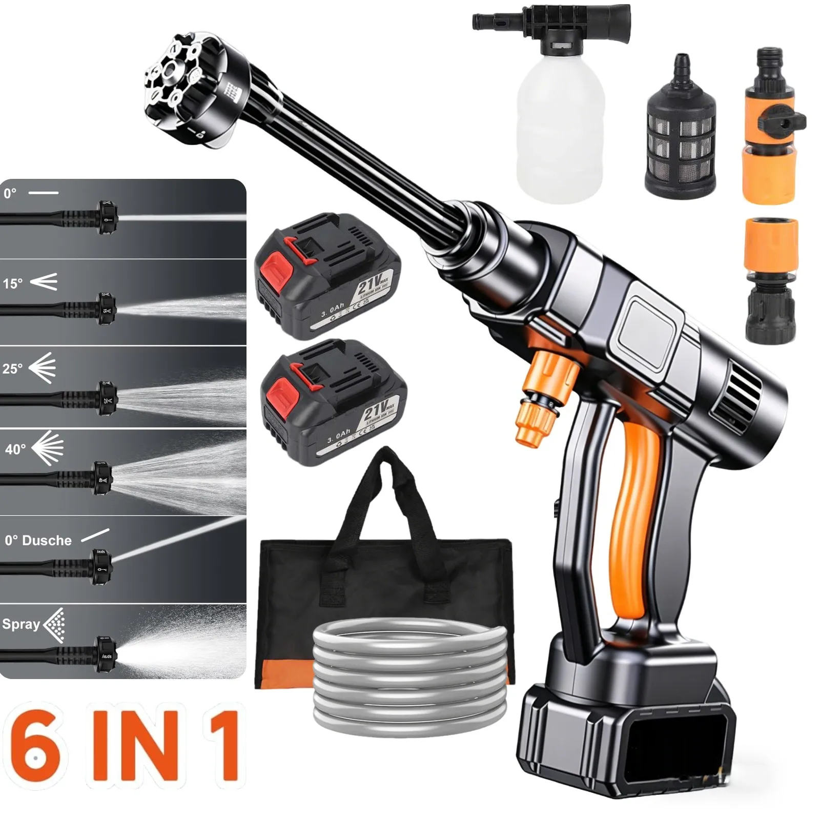 21V Cordless Power Washer Gun Portable Pressure Cleaner Spray Water Gun with 1/2Pcs Batteries & 5M Hose Jet Wash for Car Garden