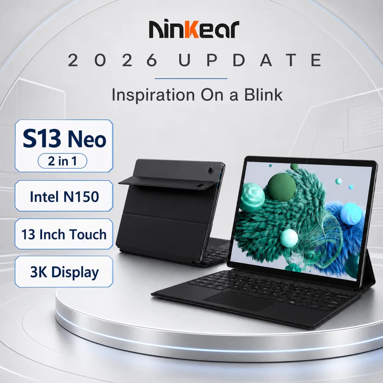 Ninkear S13 Neo 2-in-1 Laptop Tablet, 13-Inch 3K IPS 3:2 Display, Intel N150, Magnetic Detachable Keyboard, All-Day Battery, Versatile Connectivity, AI-Ready for Work, Study and Travel