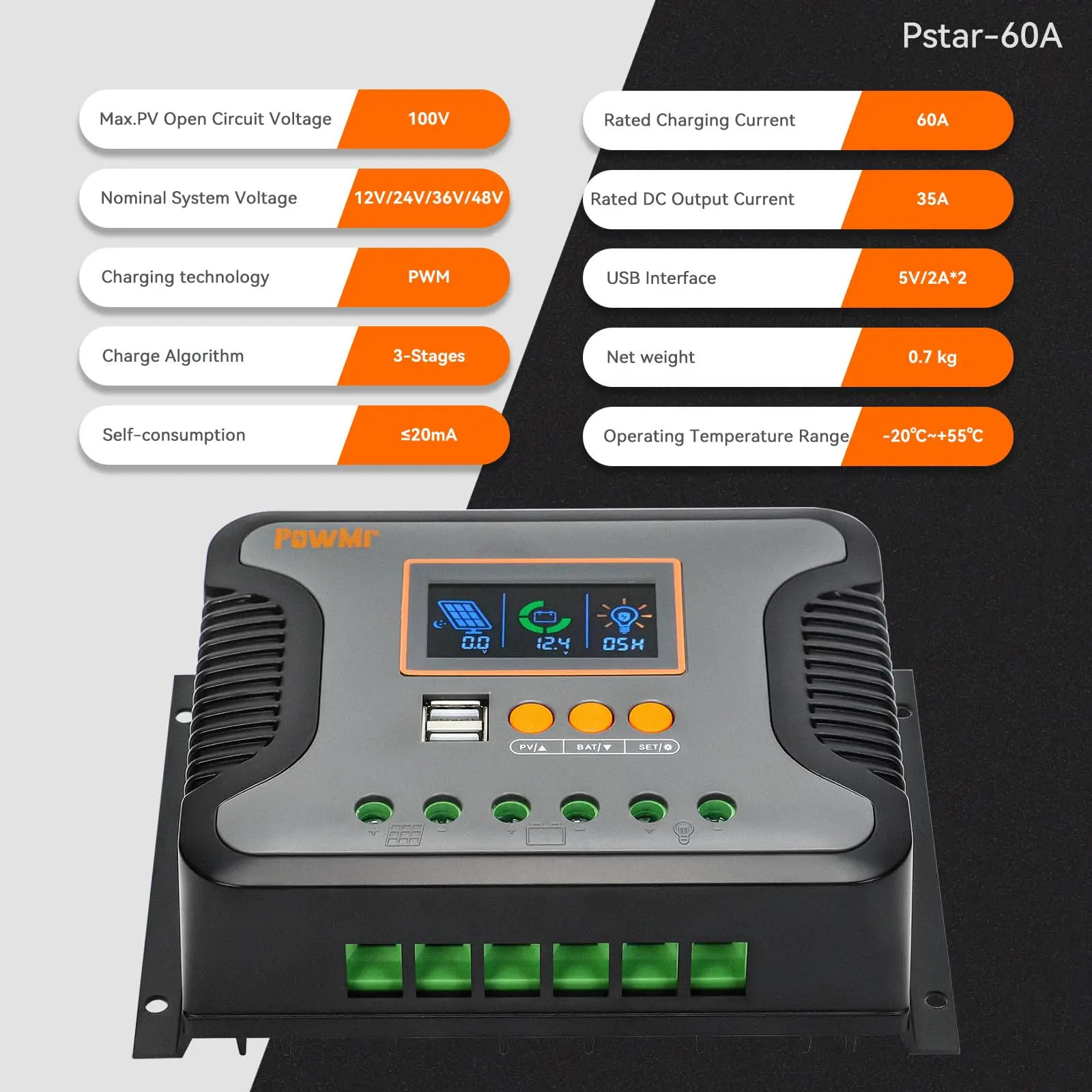 PowMr MPPT 100A 80A 60A 40A 30A 30A 20A Solar Charger Controller LCD Work With 12V 24V 36V 48V Lead-acid Lifepo4 Battery Solar Panel