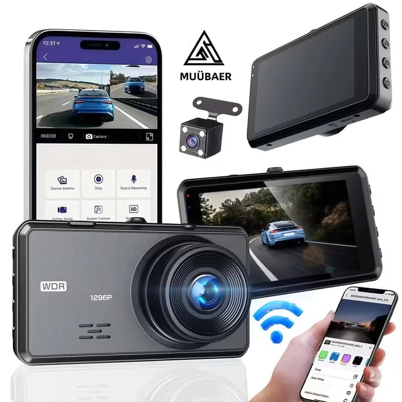 Dash Cam Front and Rear 2 Channel with 64GB Card, 1296P Front 720P Rear WiFi Dash Camera, Backup Camera Night Vision G-Sensor