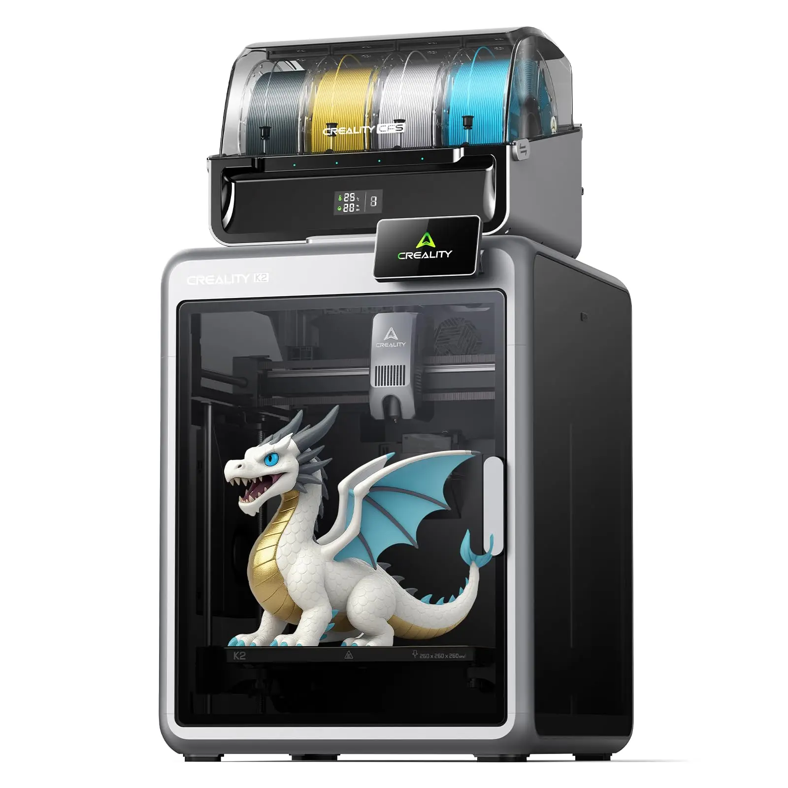 Creality K2 Combo 3D Printer – 16‑color multi‑material printing with CFS, 600 mm/s print speed, 300°C direct drive, auto‑leveling chamber, and AI camera; high precision and reliability.