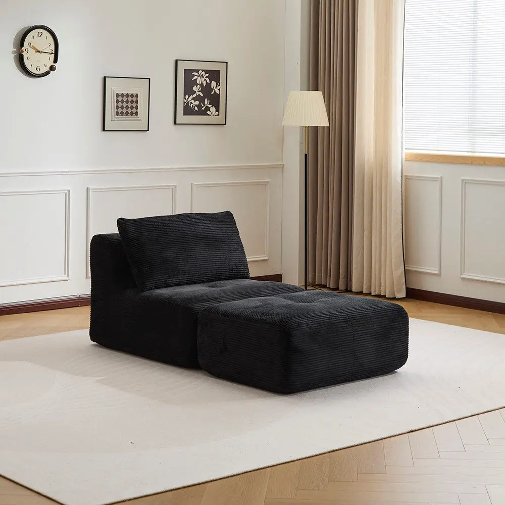 1 Seater Black Corduroy Sofa with Ottoman, Deep Seat Lounge Sofa with High-Density Foam, No Assembly Comfy Sofa Couch for Living Room, Bedroom, Reading Corner