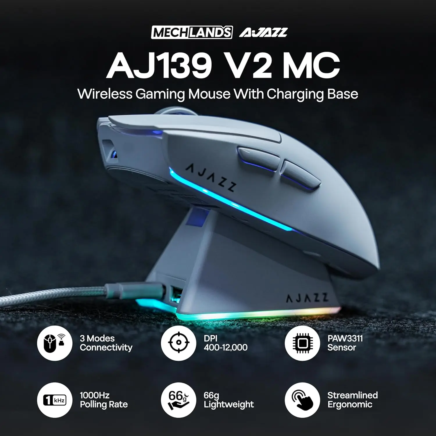 Ajazz Aj139 V2 Mc Gaming Mouse with Magnetic Paw3311 Wireless Rgb Charging Base, 24000 Dpi Bluetooth/Wired Mice Pc Gamer