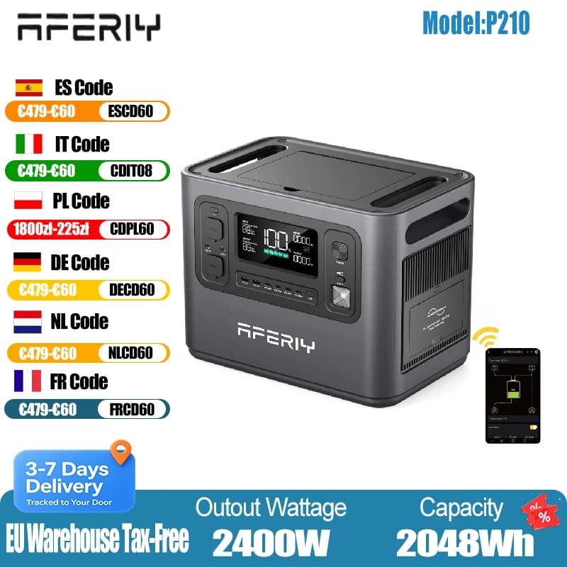 Aferiy 2400W 2048Wh Energy Storage Power Supply, High-Performance Battery Supports 13 Devices, App-Controlled Eu Plug, Fast Charging Energy Storage for Daily Needs, Mobile Power Supply