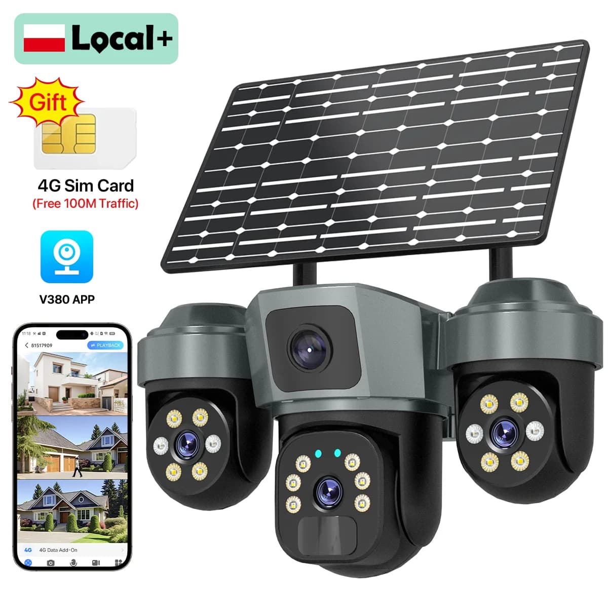 Wonsdar V380 4G Solar Surveillance Camera Three Lens Battery Wireless Cameras Night Vision Solar Charging Security Outdoor Video Monitor