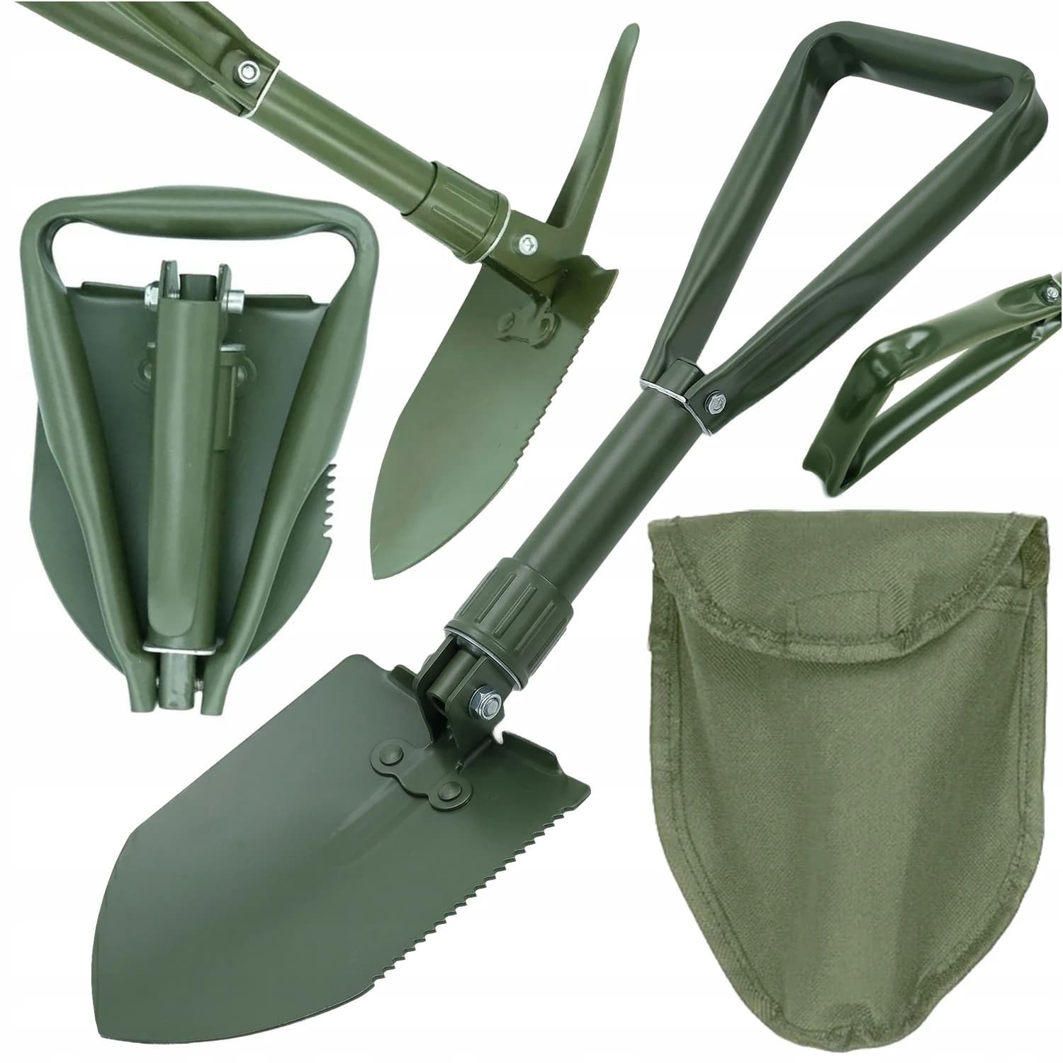 Folding Survival Shovel Military Camping Multitool, Compact Tactical Entrenching Tool with Pickaxe and Serrated Saw Edge, Rust-Resistant Steel Blade, Carry Pouch Included, 47 cm Extended 20 cm Folded, Off-Road Car Bushcraft Hiking Emergency Spade