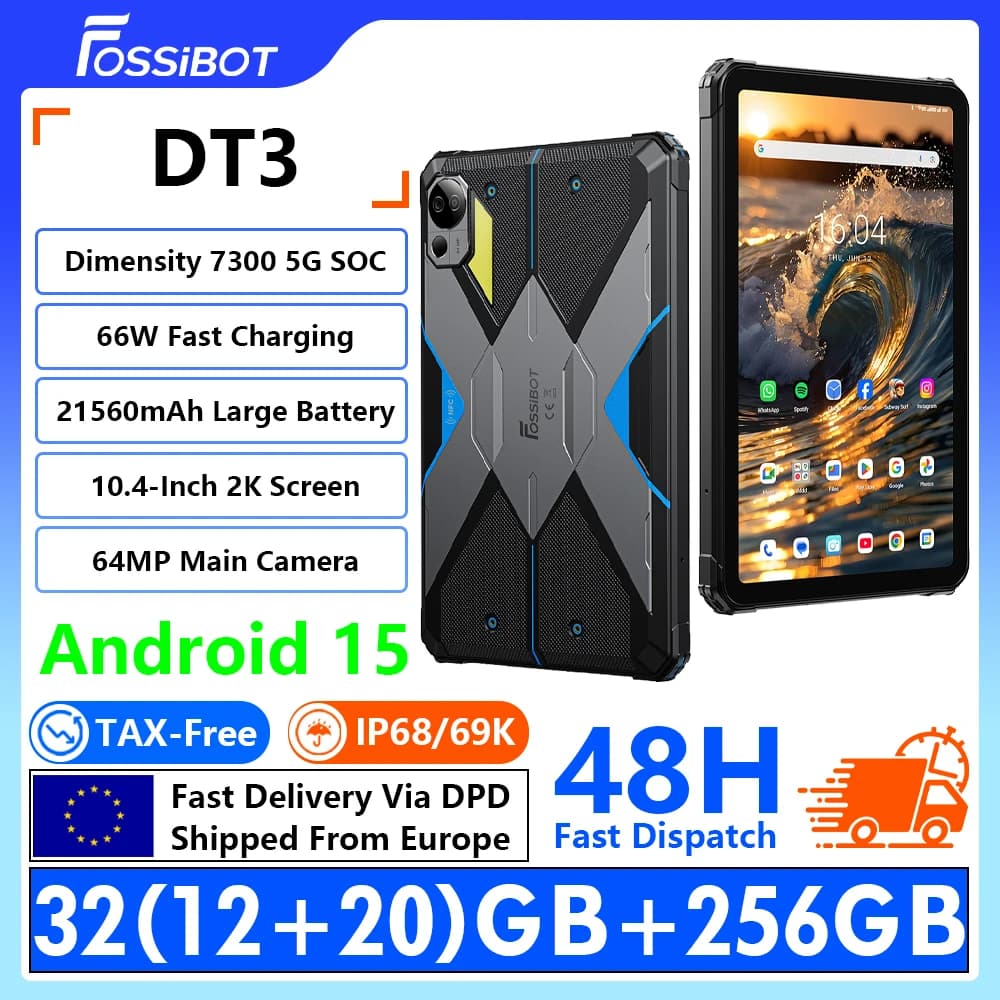 [Ship From Within Europe]FOSSIBOT DT3 5G Rugged Tablet Dimensity 7300 5G 10.4" 2K Display 32(12+20)GB+256GB 21560mAh Battery 66W Fast Charging Android 15 64MP+32MP Camera WiFi 6 IP68/69K