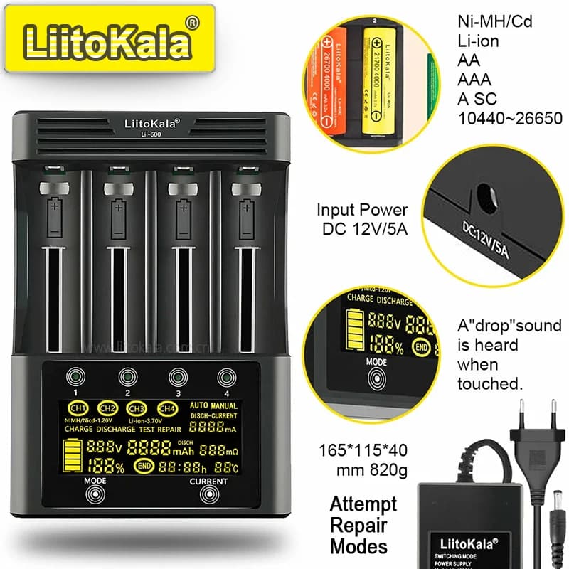 LiitoKala Lii-600 Smart Charger for 18650/21700/26650/AA/AAA/Ni-MH/Li-ion, LCD Display, Fast Charging, 4-Slot Independent