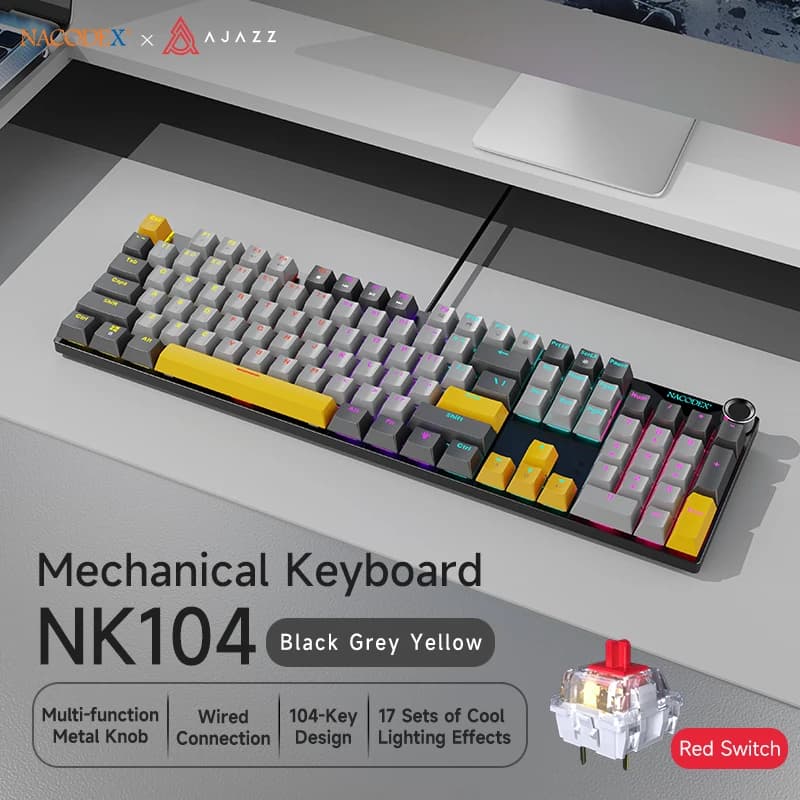 AJAZZ NK104 Full-Size Wired Mechanical Gaming Keyboard, OEM Profile Keycaps, Hot-Swappable, for PC Gaming & Office