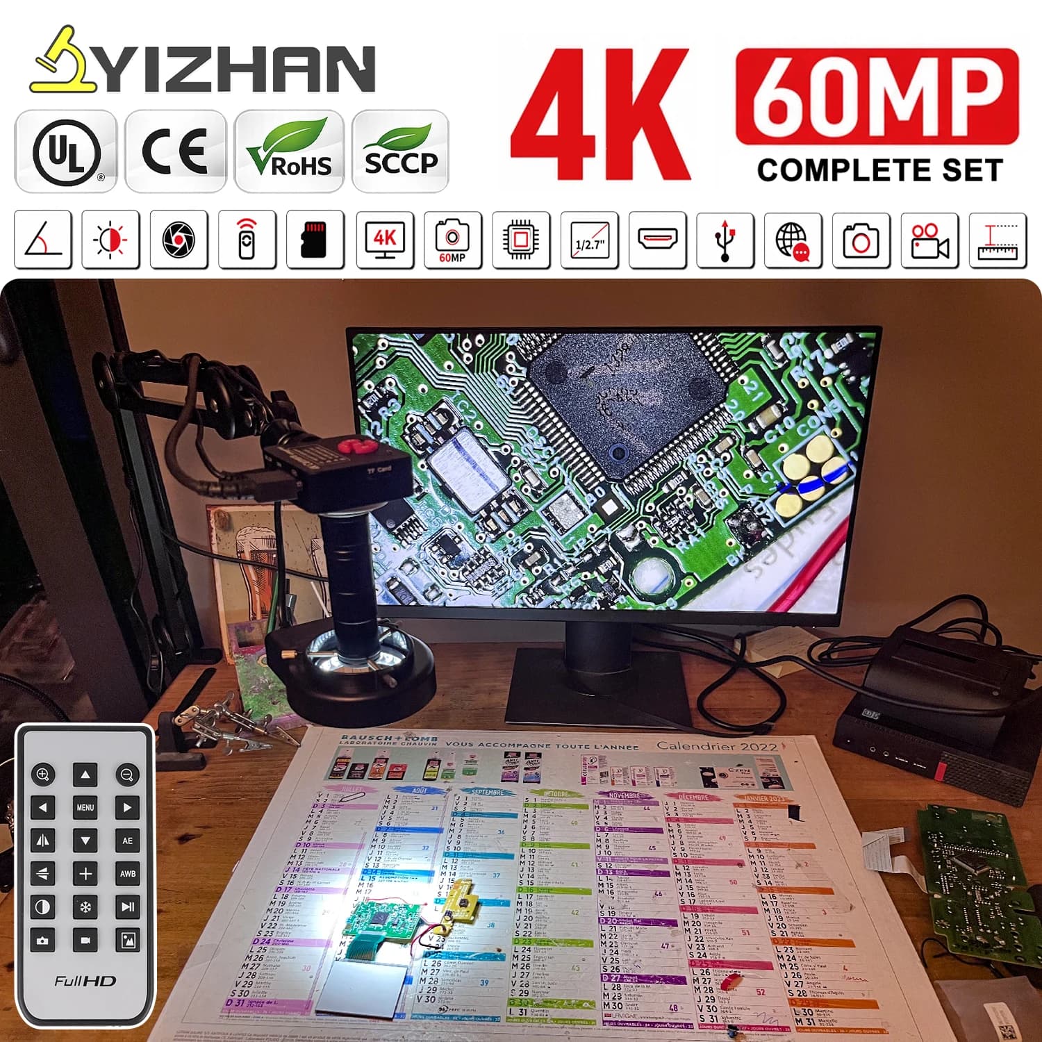 YIZHAN 60MP 48MP 4K Electronic Digital Microscope For Soldering 1080P HDMI VGA USB Industrial Camera 150xLens FoldBracket Remote