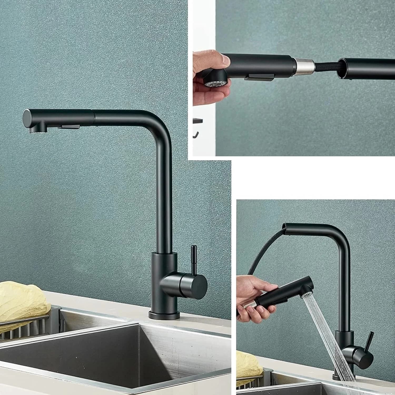 Stainless Steel Pull-Out Faucet Extendable With 2 Different Jet Types Kitchen Bathroom Sink