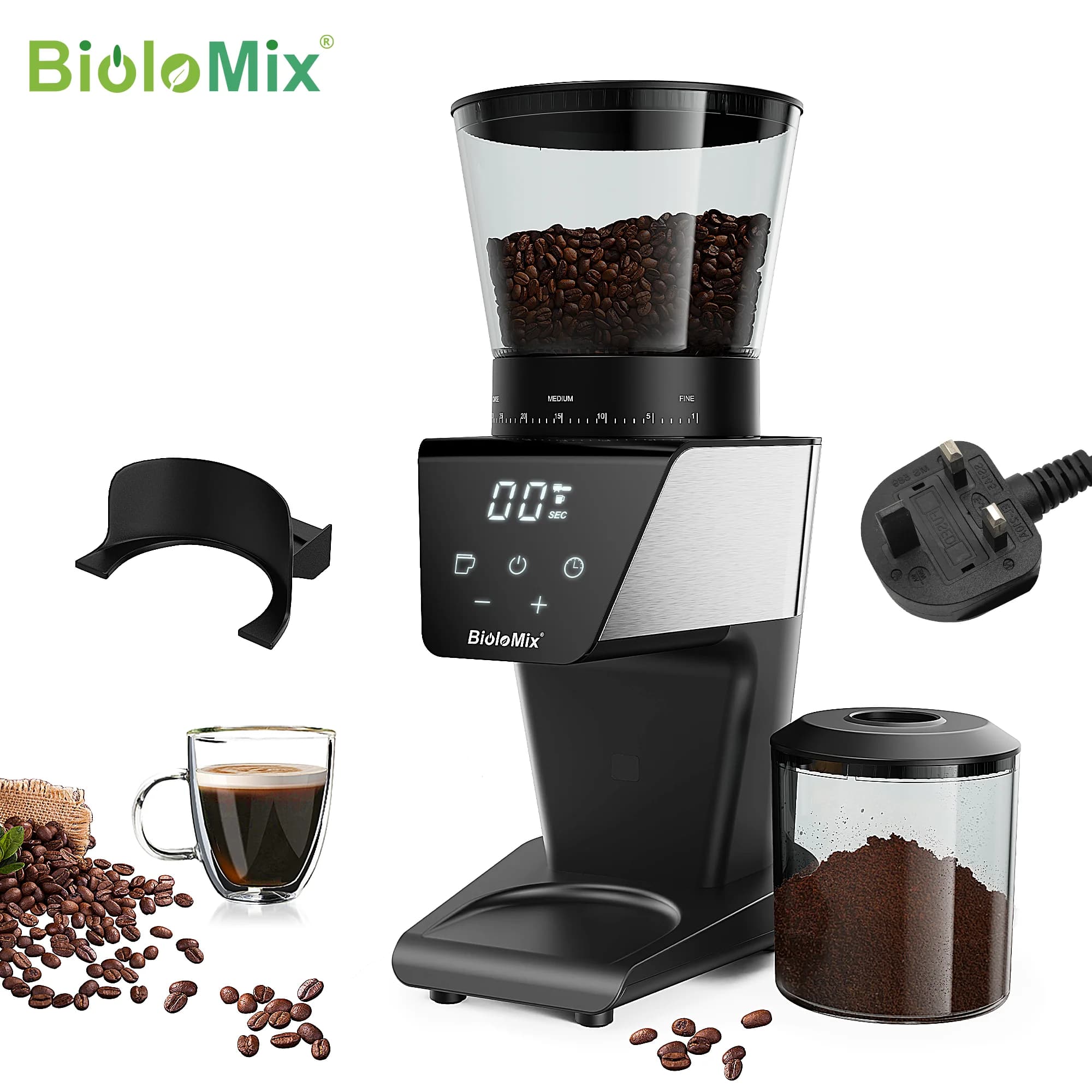 CoffArt by BioloMix Automatic Burr Mill Electric Coffee Grinder with 30 Gears for Espresso American Coffee Pour Over Visual Bean Storage