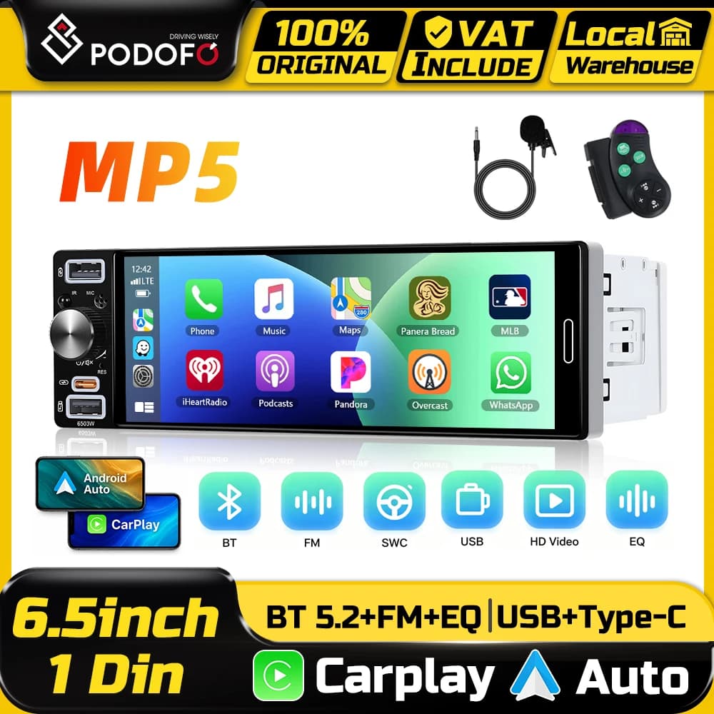 Podofo 1 Din 6.5-inch Car Radio Multimedia MP5 CarPlay Android Auto Car Intelligent Systems BT FM AM RDS Radio Mirror Link
