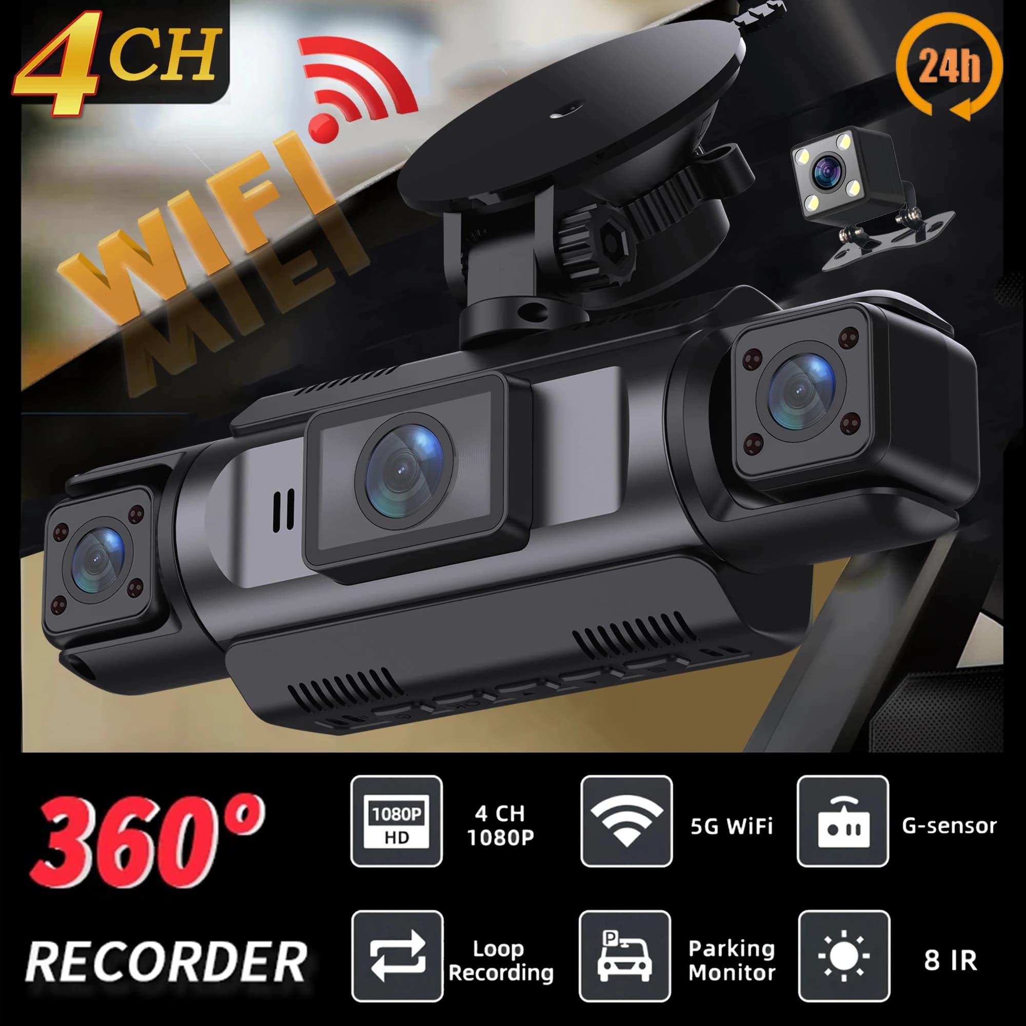 Car Dash Cam 4 Channel Black Box WiFi Driving Camera FHD 1080P Front Left Right Rear Night Vision Loop Recording Add Hardwire