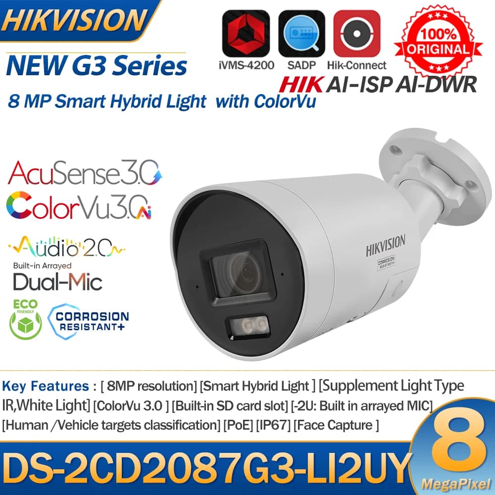 Hikvision DS-2CD2087G3-LI2UY 8MP IP Camera Smart Hybrid Light ColorVu Built-in Dual Mic 4K 24/7 Colorful Bullet Network Camera