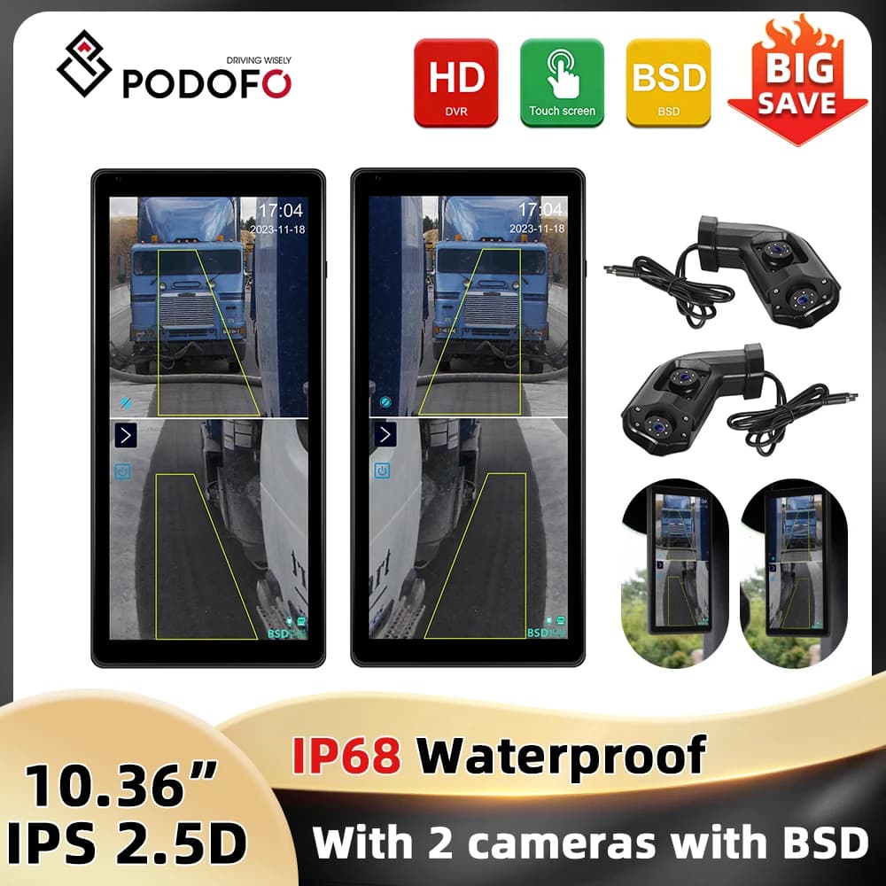 Podofo 10.36 ''IPS Screen Car Monitor with Dual Cameras Anti-interference IP68 Waterproof Night Vision BSD Vertical Screen DVR