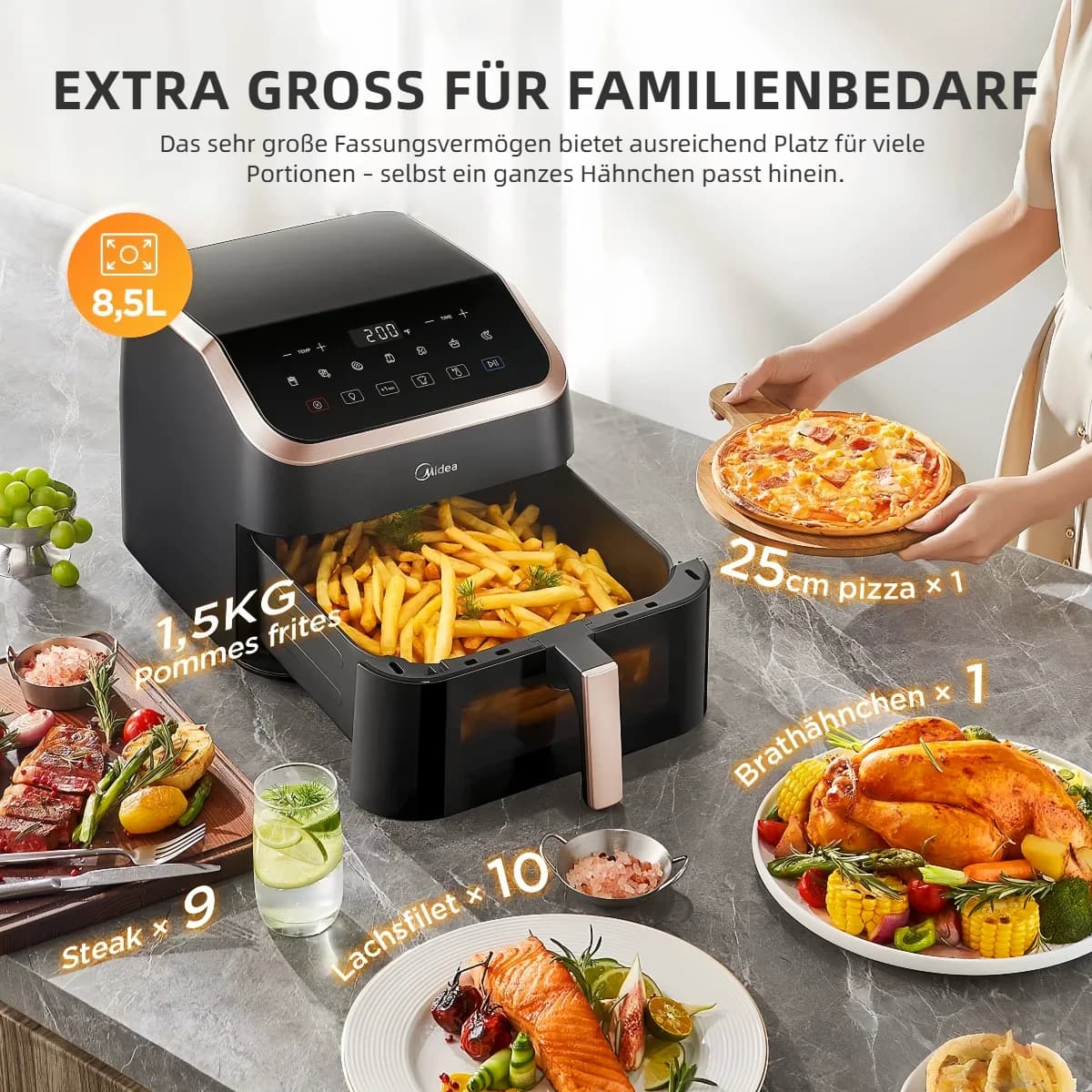 Midea XXL Air Fryer 8.5 L - 8-in-1, viewing window, up to 200 °C, oil-free, suitable for dishwashers, Black/rose gold.