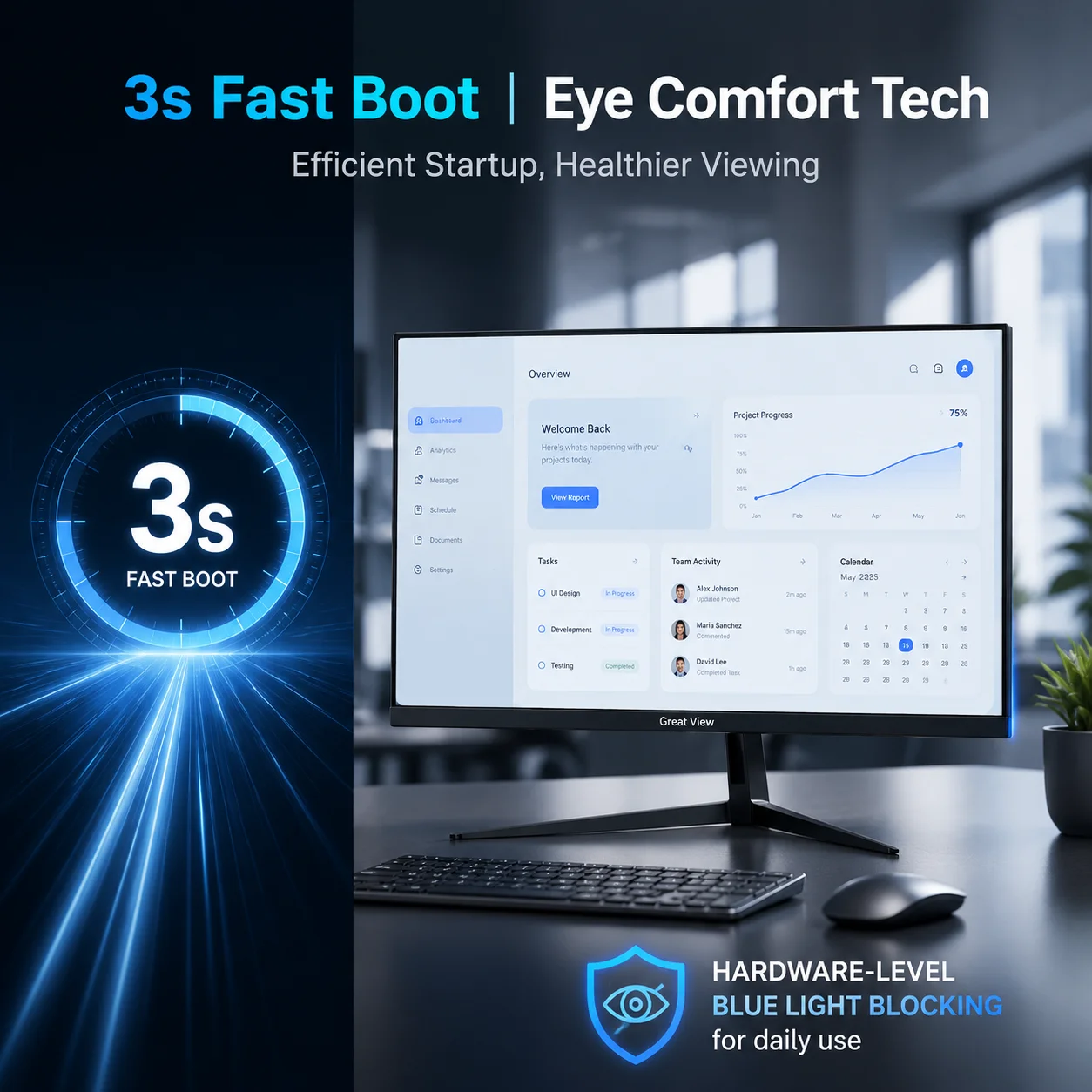 27-inch Full HD gaming monitor, 2K resolution (2560 x 1440), 100Hz high refresh rate, IPS panel, ultra-narrow bezels, eye-care technology, and adjustable viewing angles. Ideal for PC gamers, office work, home entertainment, and general computer use.