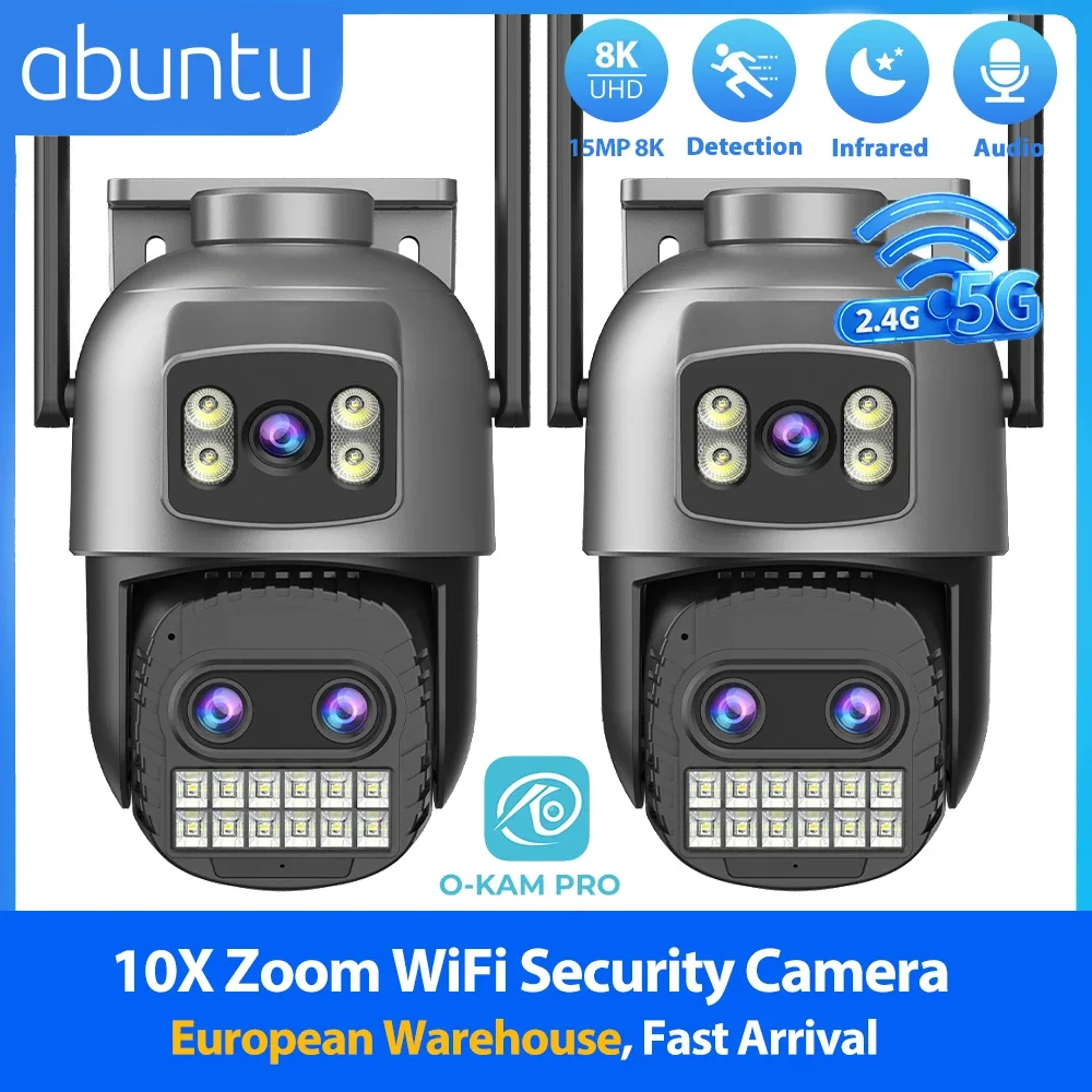2PCs 15MP 8K WiFi Security Camera 2.4G/5G Dual Band Dual Screens 10X Zoom CCTV Surveillance Camera Night Vision Human Detection