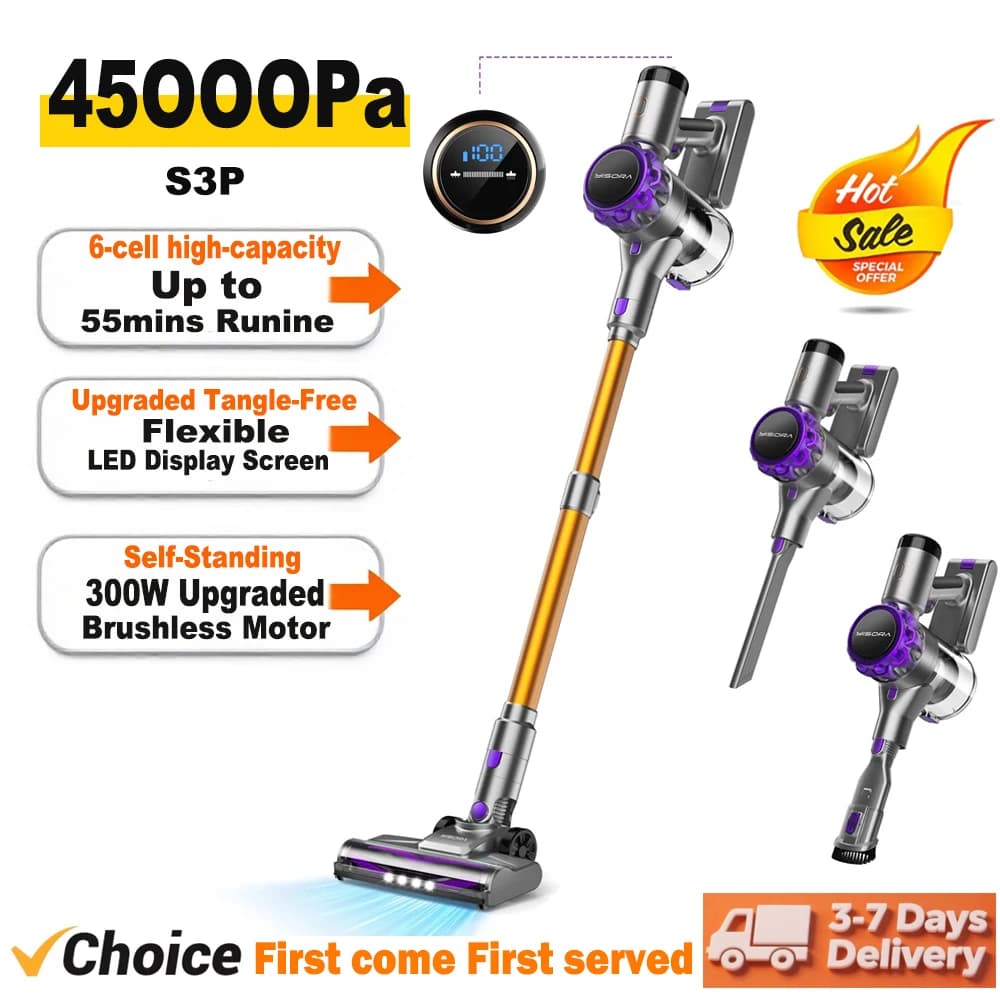 INSE S3P Cordless Vacuum Cleaner 45Kpa Powerful Handheld Stick Vacuum with LED Display 55-Min Running Self-Standing for Carpet H
