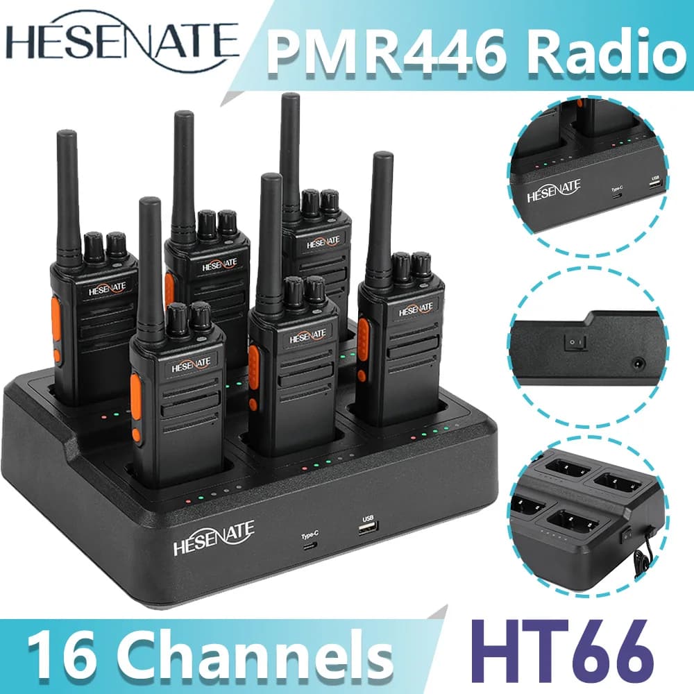 HESENATE HT66 PMR446 Walkie Talkie 6-Way Charger Long Range Radio License-free Portable Two Way Radio For Restaurant Retail