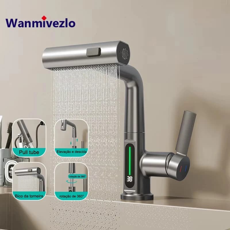 Intelligent Digital Display Pull Out Kitchen Faucet Cold Hot Mixer Taps Rotatable Sink Lifting Basin Faucet